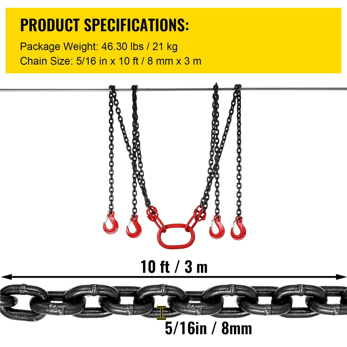 Chain Sling, 5/16 inch x 10 ft Lifting Chains with Hooks, G80 Engine Chain Hoist Lifts, 11000 lbs/5 Ton Capacity Lifting Sling Chains for Engine Hoist, Engine Lift Chain with 4 Leg Grab Hooks