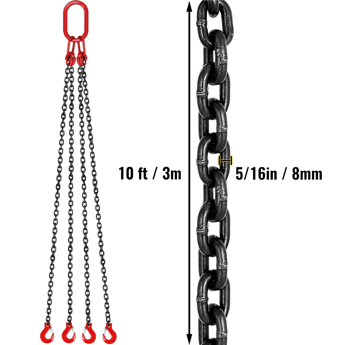 Chain Sling, 5/16 inch x 10 ft Lifting Chains with Hooks, G80 Engine Chain Hoist Lifts, 11000 lbs/5 Ton Capacity Lifting Sling Chains for Engine Hoist, Engine Lift Chain with 4 Leg Grab Hooks