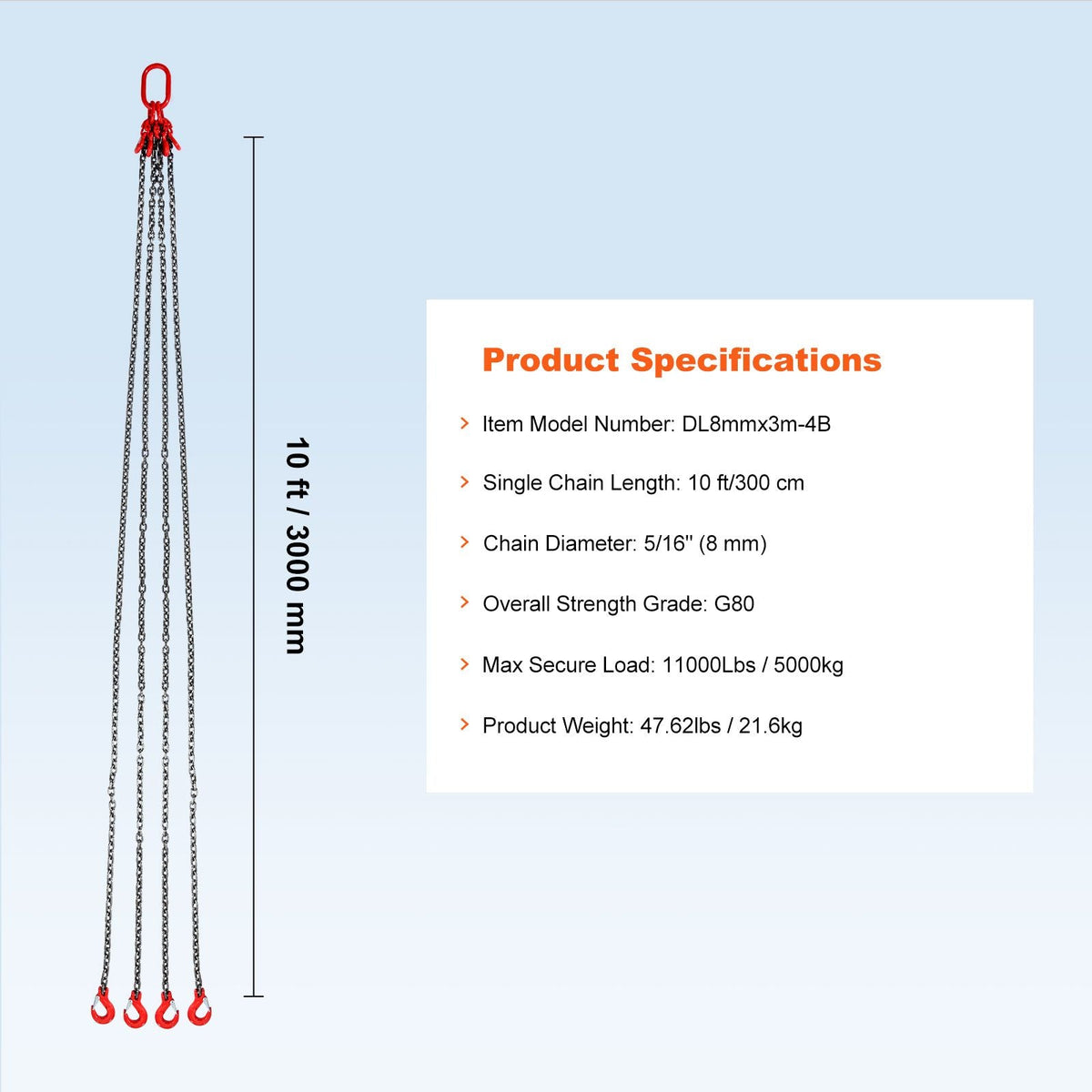 Chain Sling, 5/16 inch x 10 ft Lifting Chains with Hooks, G80 Engine Chain Hoist Lifts, 11000 lbs/5 Ton Lifting Sling Chains for Engine Hoist, Engine Lift Chain with 4 Leg Grab Hooks & Adjusters