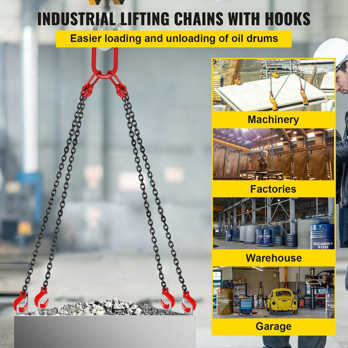 Chain Sling, 5/16 inch x 5 ft Lifting Chains with Hooks, G80 Engine Chain Hoist Lifts, 11000 lbs/5 Ton Capacity Lifting Sling Chains for Engine Hoist, Engine Lift Chain with 4 Leg Grab Hooks