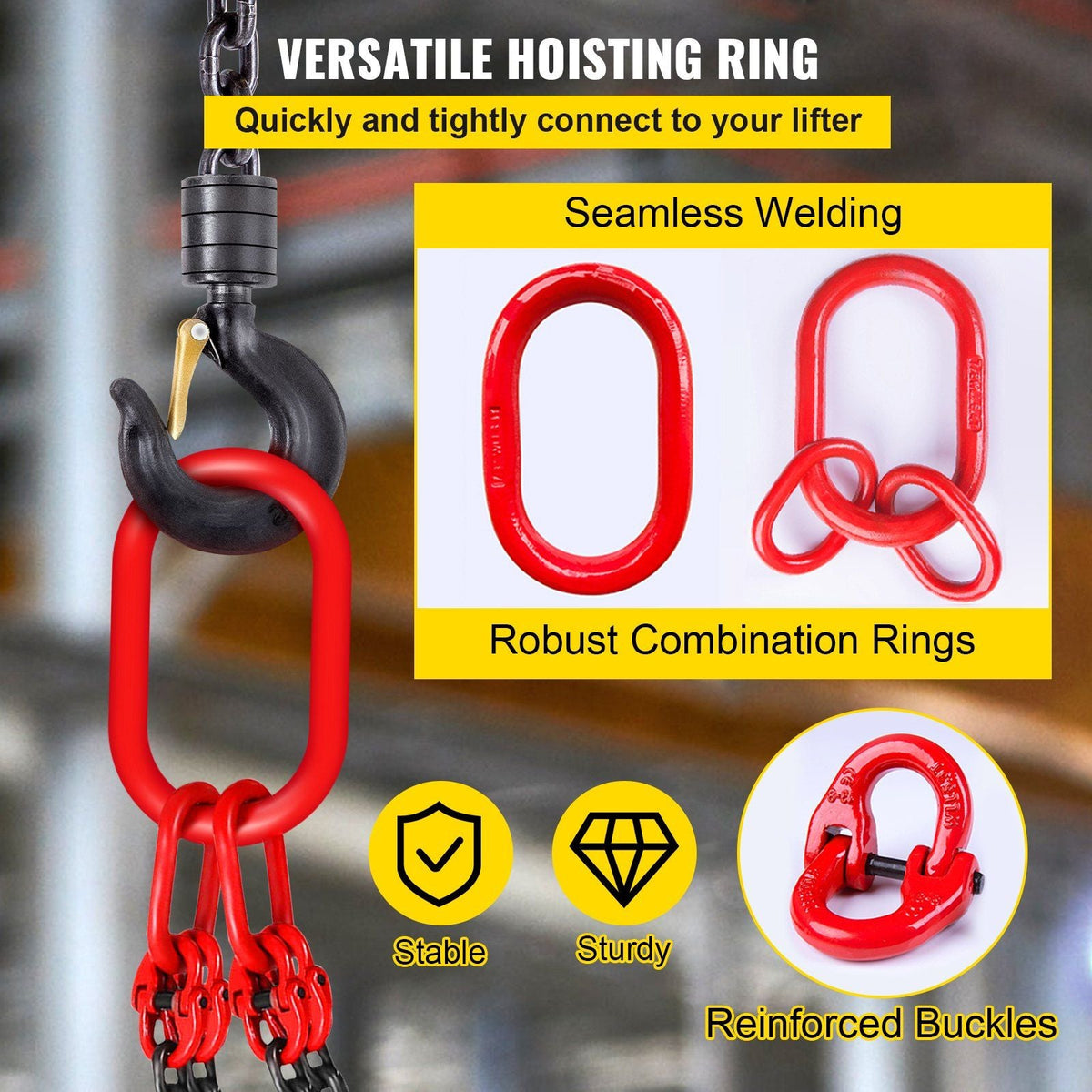 Chain Sling, 5/16 inch x 5 ft Lifting Chains with Hooks, G80 Engine Chain Hoist Lifts, 11000 lbs/5 Ton Capacity Lifting Sling Chains for Engine Hoist, Engine Lift Chain with 4 Leg Grab Hooks