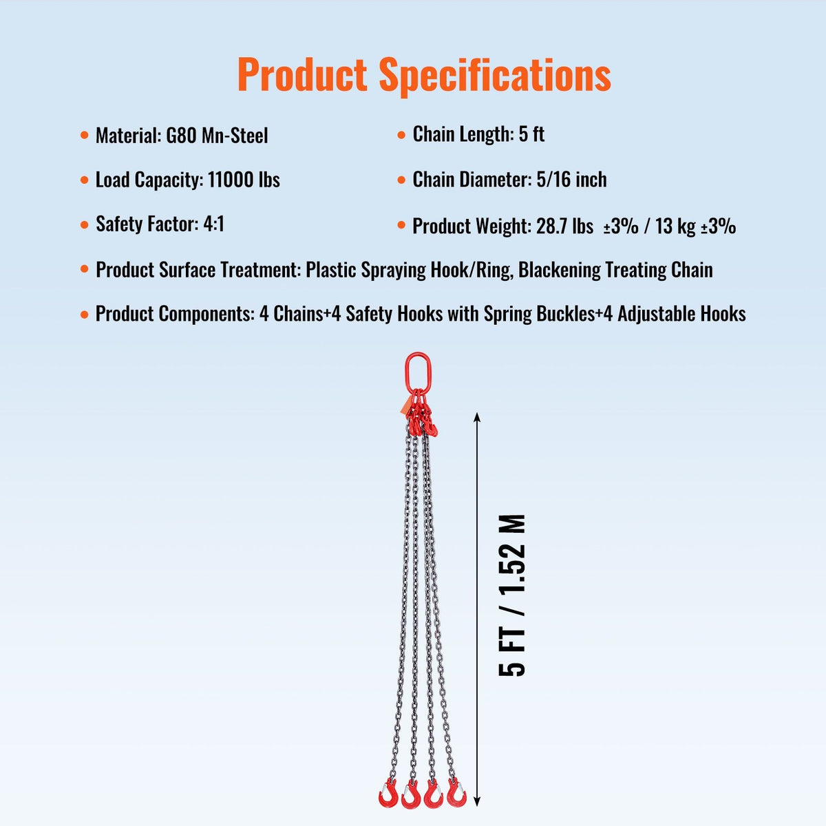Chain Sling, 5/16 inch x 5 ft Lifting Chains with Hooks, G80 Engine Chain Hoist Lifts, 11000 lbs/5 Ton Lifting Sling Chains for Engine Hoist, Engine Lift Chain with 4 Leg Grab Hooks & Adjusters