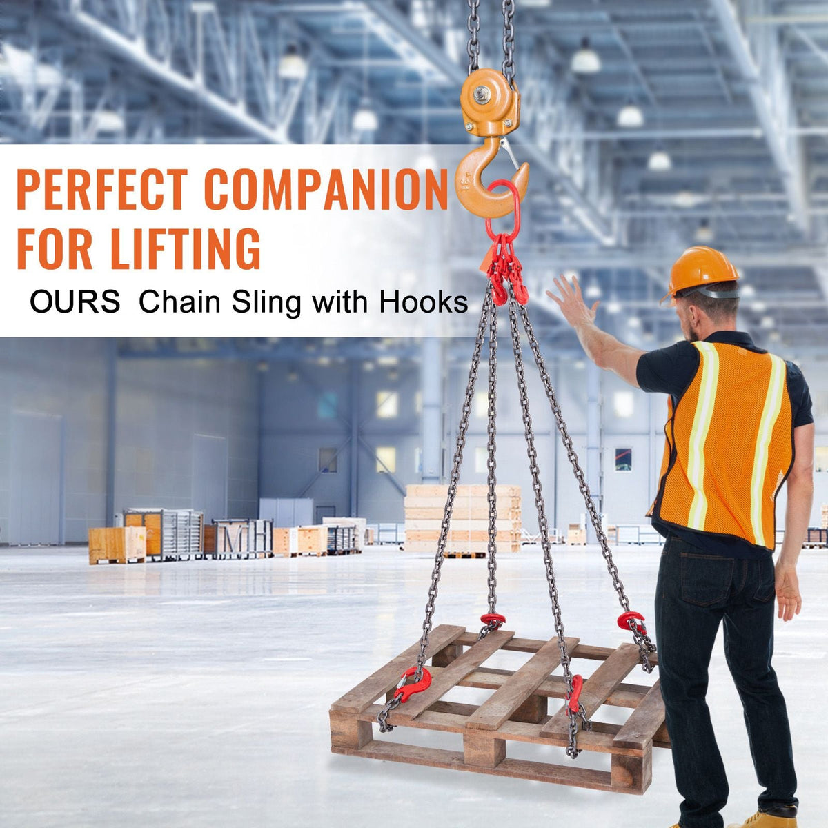 Chain Sling, 5/16 inch x 5 ft Lifting Chains with Hooks, G80 Engine Chain Hoist Lifts, 11000 lbs/5 Ton Lifting Sling Chains for Engine Hoist, Engine Lift Chain with 4 Leg Grab Hooks & Adjusters