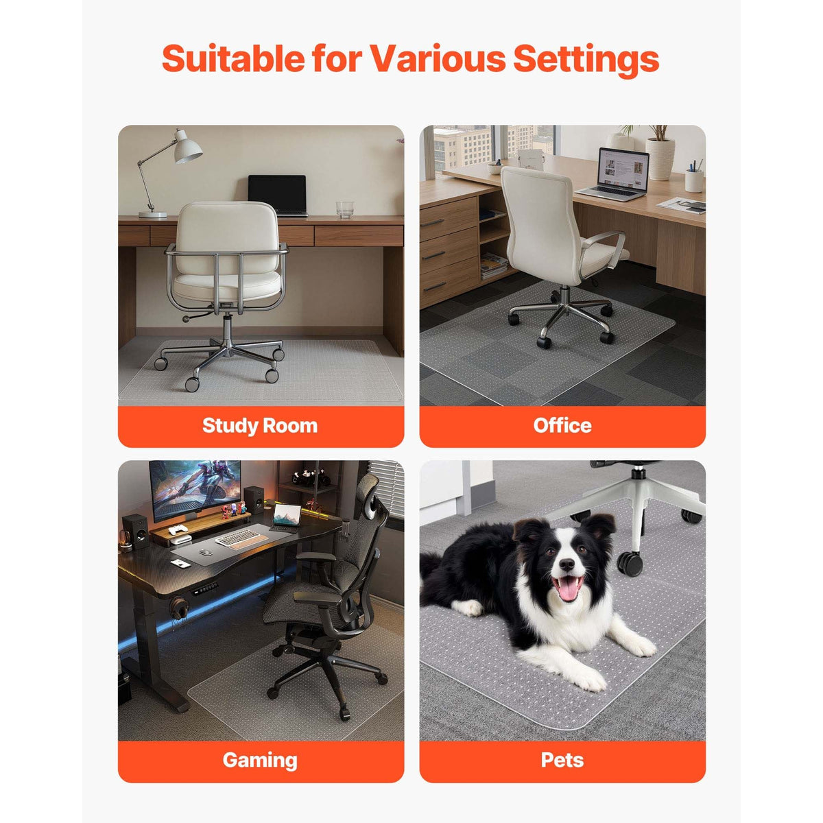 Chair Mat, 36 x 48-inch Office Chair Mat for Carpeted Floors, Plastic Floor Protector Rug with Studded, Non-Slip & Easy to Clean, Smooth Glide Under Desk Rug for Home Office (Rectangular)
