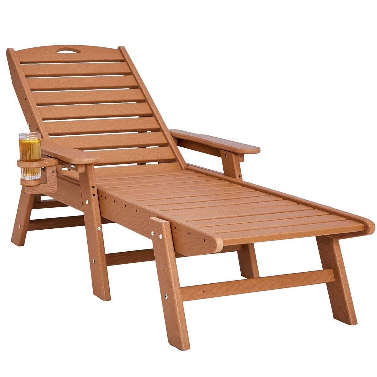Chaise Lounge Chair, 400 lbs Weight Capacity, 6 Positions Adjustable Patio Lounge Chair, Outdoor HDPE Lounge Chair with Backrest & Cup Holder, for Pool Poolside Deck Backyard Lawn, Brown