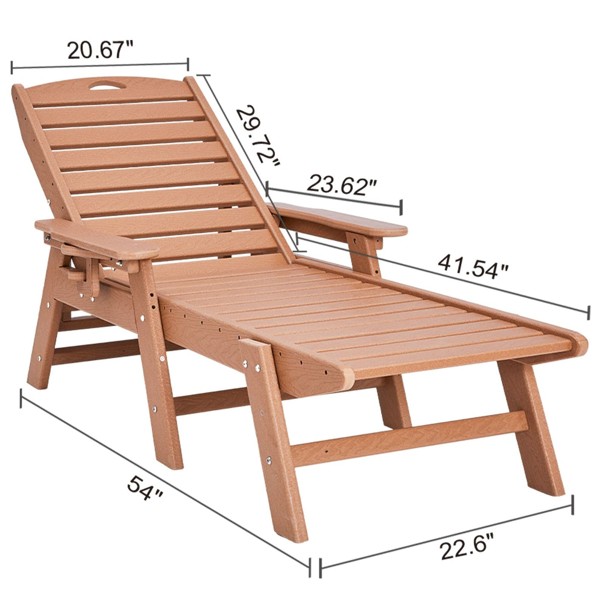 Chaise Lounge Chair, 400 lbs Weight Capacity, 6 Positions Adjustable Patio Lounge Chair, Outdoor HDPE Lounge Chair with Backrest & Cup Holder, for Pool Poolside Deck Backyard Lawn, Brown