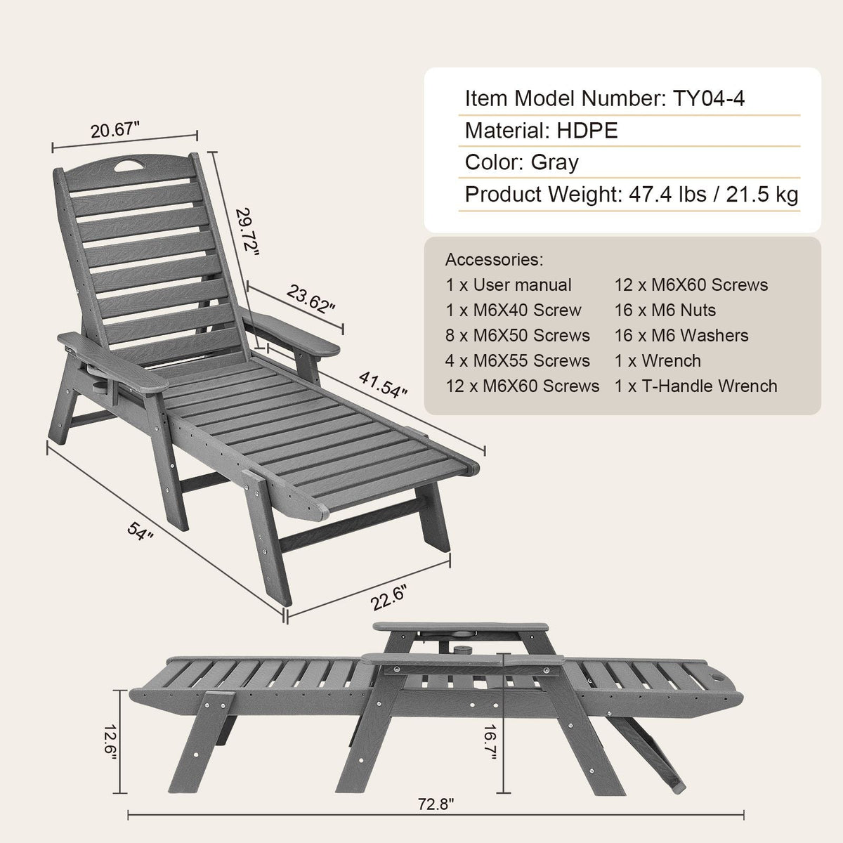 Chaise Lounge Chair, 400 lbs Weight Capacity, 6 Positions Adjustable Patio Lounge Chair, Outdoor HDPE Lounge Chair with Backrest & Cup Holder, for Pool Poolside Deck Backyard Lawn, Gray