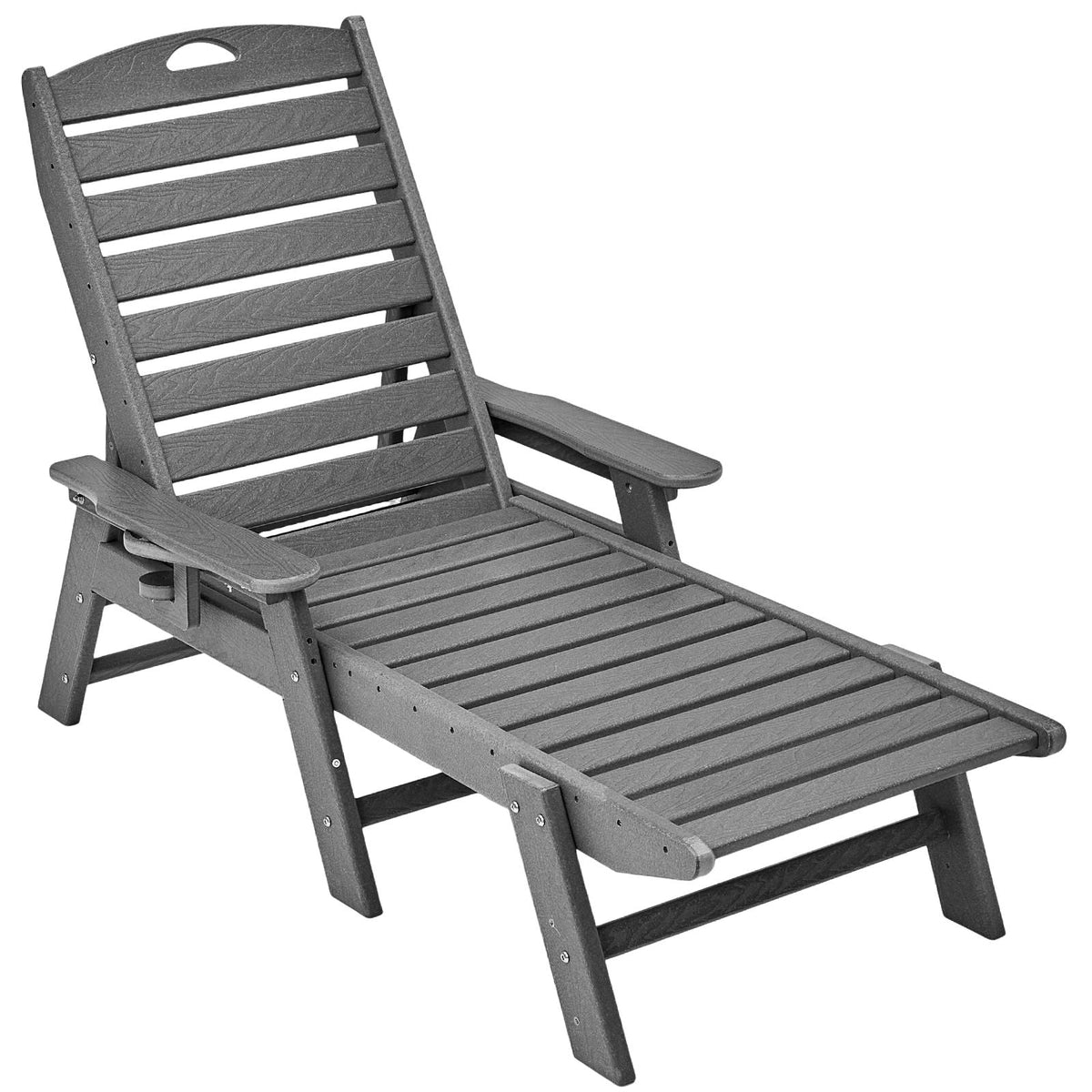 Chaise Lounge Chair, 400 lbs Weight Capacity, 6 Positions Adjustable Patio Lounge Chair, Outdoor HDPE Lounge Chair with Backrest & Cup Holder, for Pool Poolside Deck Backyard Lawn, Gray