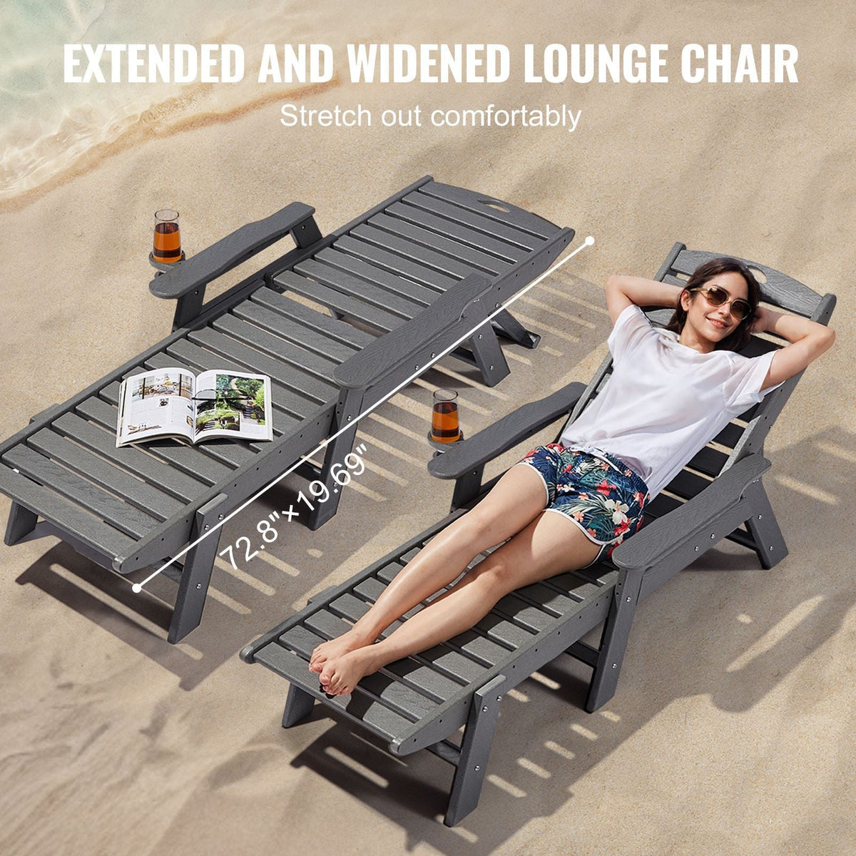 Chaise Lounge Chair, 400 lbs Weight Capacity, 6 Positions Adjustable Patio Lounge Chair, Outdoor HDPE Lounge Chair with Backrest & Cup Holder, for Pool Poolside Deck Backyard Lawn, Gray