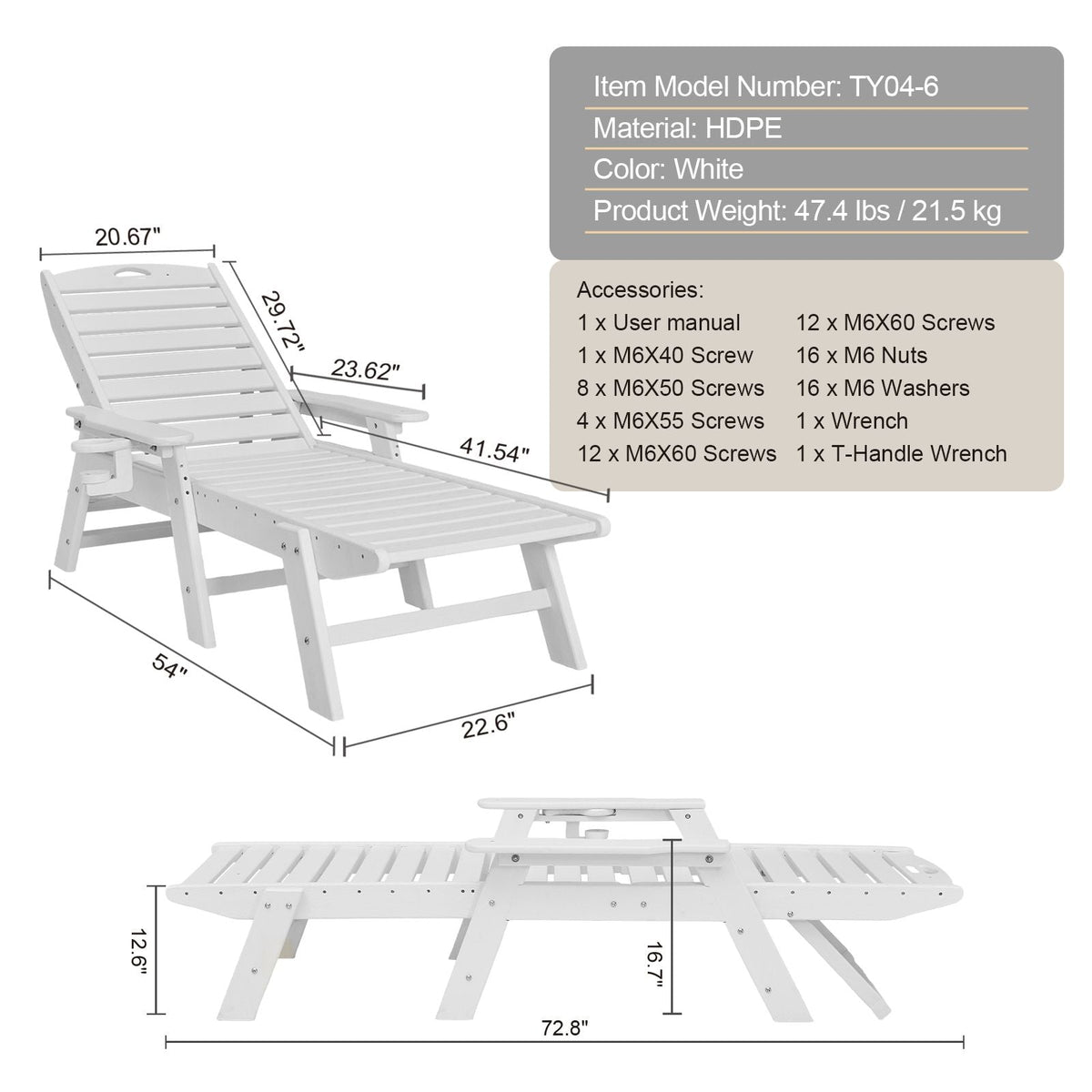 Chaise Lounge Chair, 400 lbs Weight Capacity, 6 Positions Adjustable Patio Lounge Chair, Outdoor HDPE Lounge Chair with Backrest & Cup Holder, for Pool Poolside Deck Backyard Lawn, White