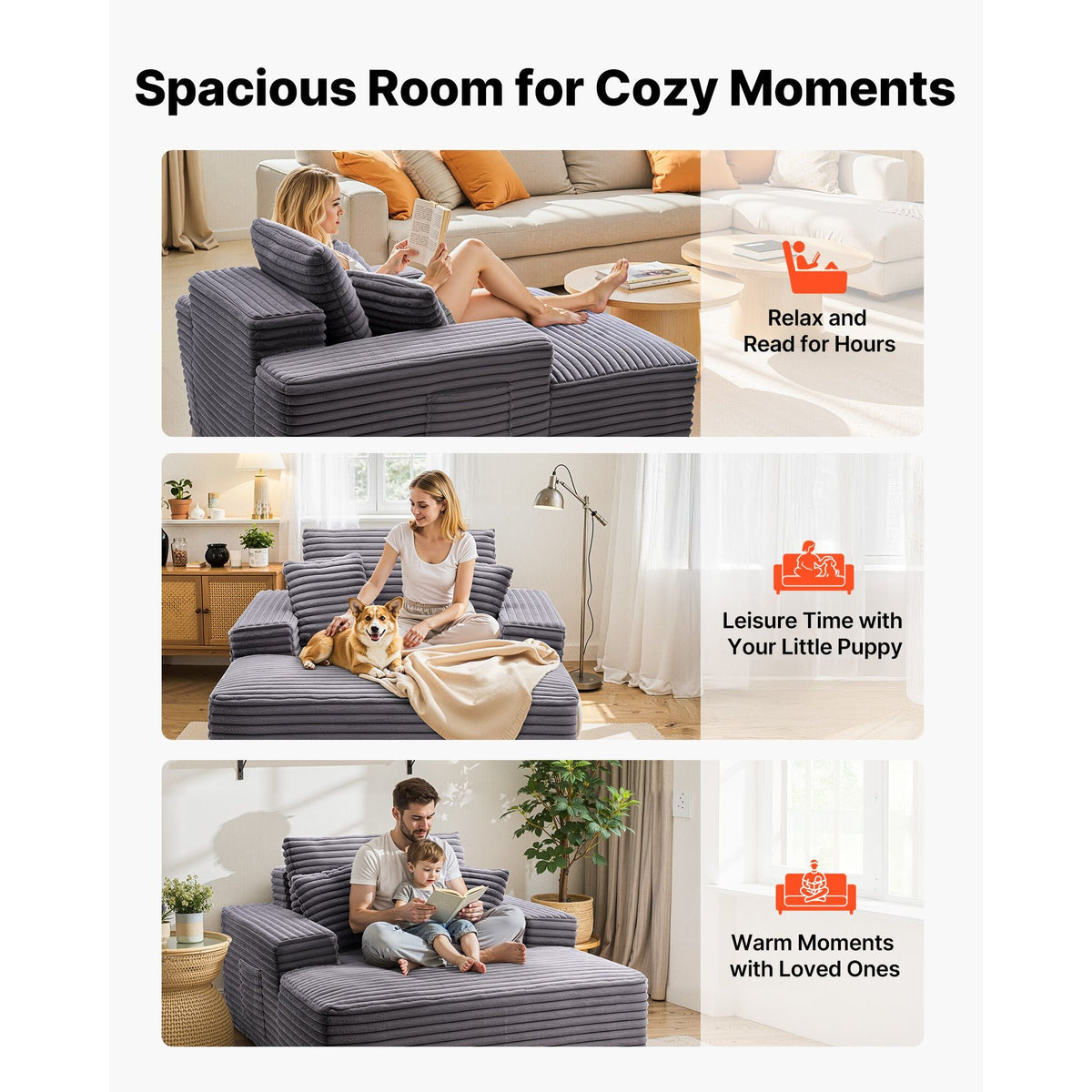 Chaise Lounge Chair, 48 in Boneless Chaise Lounge Indoor, Modern Upholstered Oversized Reading Chair with Throw Pillows & Armrests, Sofa Couch Deep Seat Sleeper for Living Room, Bedroom, Balcony