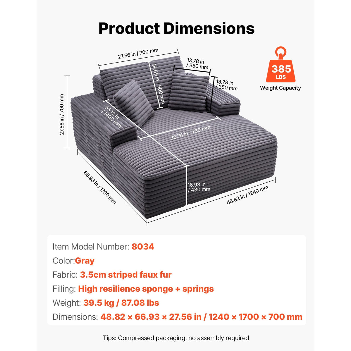 Chaise Lounge Chair, 48 in Boneless Chaise Lounge Indoor, Modern Upholstered Oversized Reading Chair with Throw Pillows & Armrests, Sofa Couch Deep Seat Sleeper for Living Room, Bedroom, Balcony