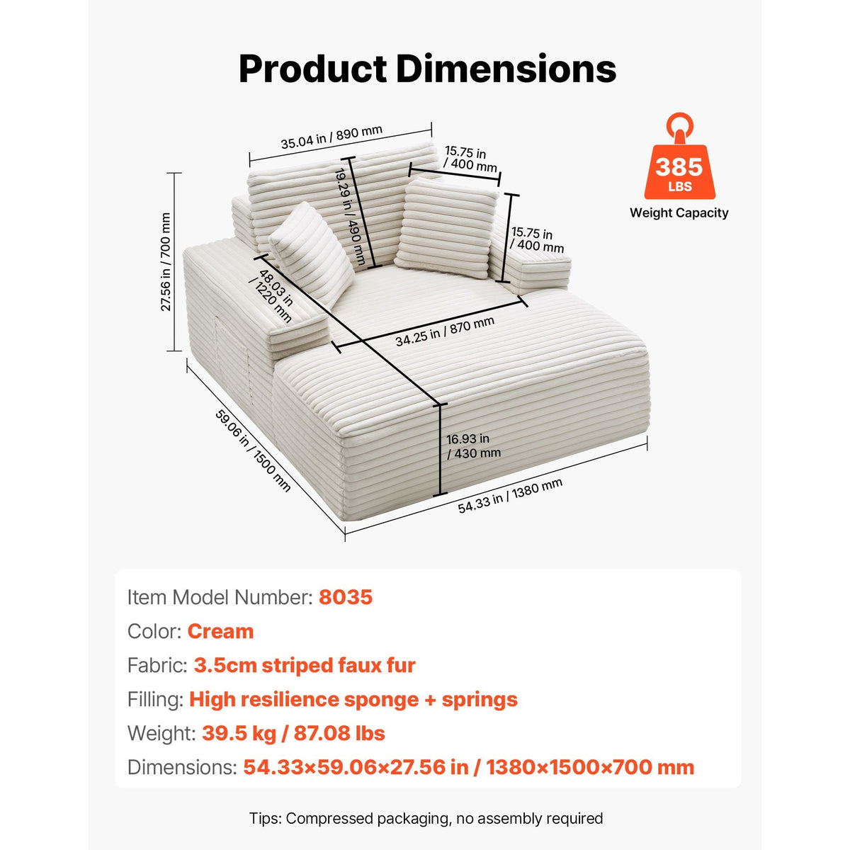 Chaise Lounge Chair, 54 in Boneless Chaise Lounge Indoor, Modern Upholstered Oversized Reading Chair with Throw Pillows & Armrests, Sofa Couch Deep Seat Sleeper for Living Room, Bedroom, Beige