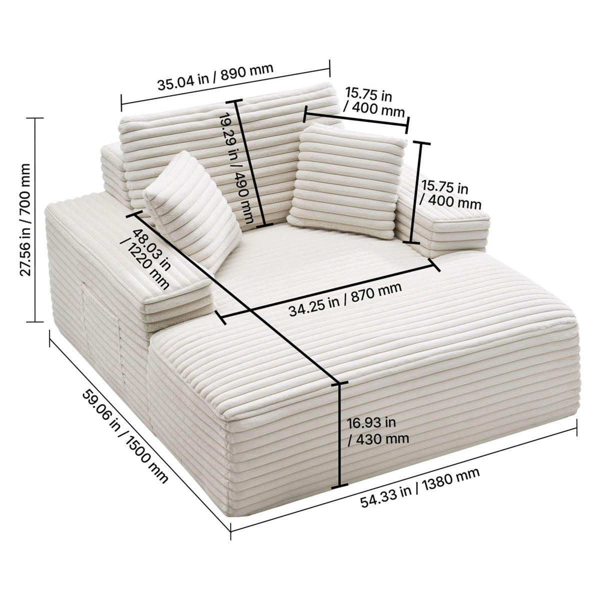 Chaise Lounge Chair, 54 in Boneless Chaise Lounge Indoor, Modern Upholstered Oversized Reading Chair with Throw Pillows & Armrests, Sofa Couch Deep Seat Sleeper for Living Room, Bedroom, Beige