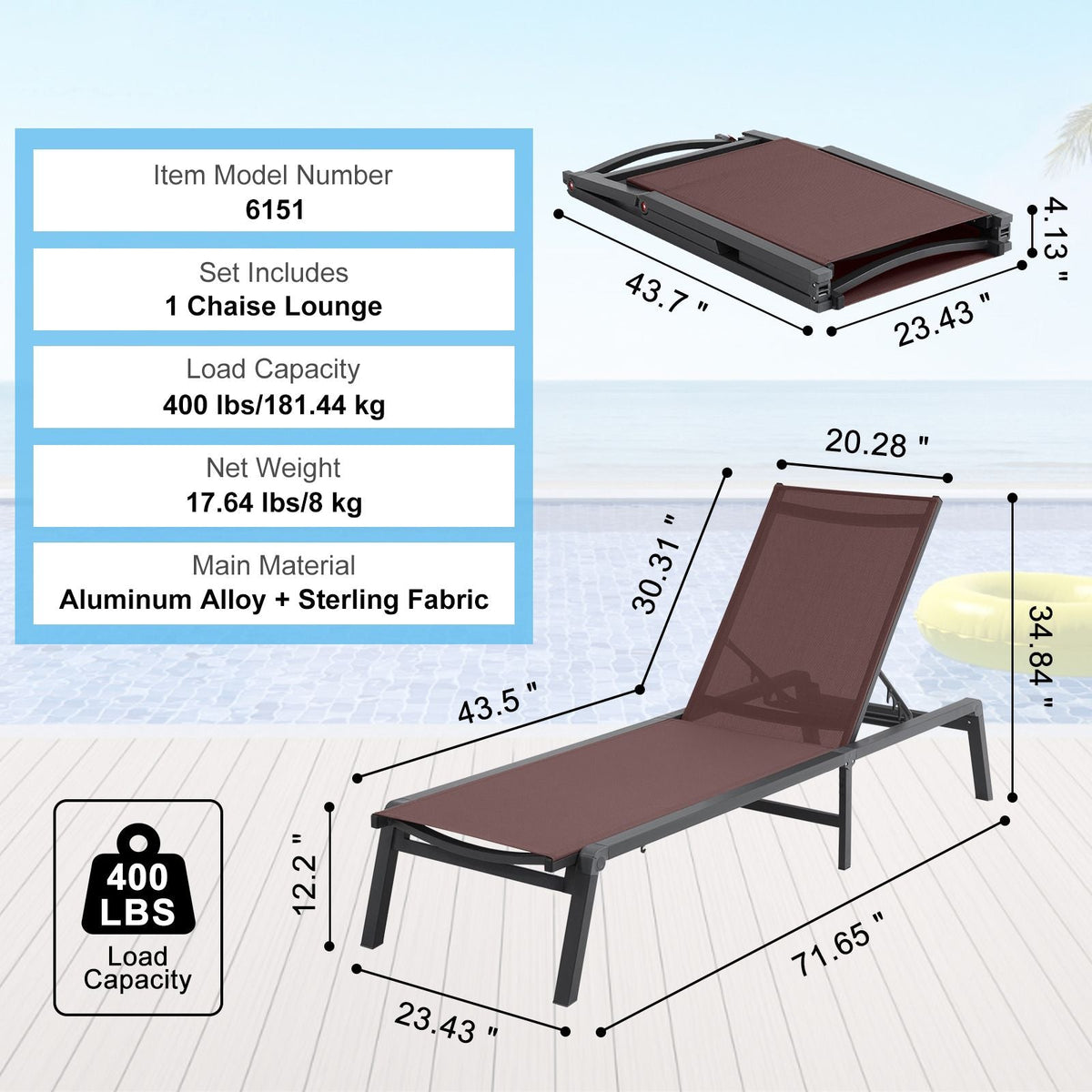 Chaise Lounge Chair Outdoor, Aluminum Patio Lounge Chair with Adjustable 5-Position, Folding Pool Lounge Chair Recliner and Full Flat Tanning Chair for Patio, Beach, Pool, Brown