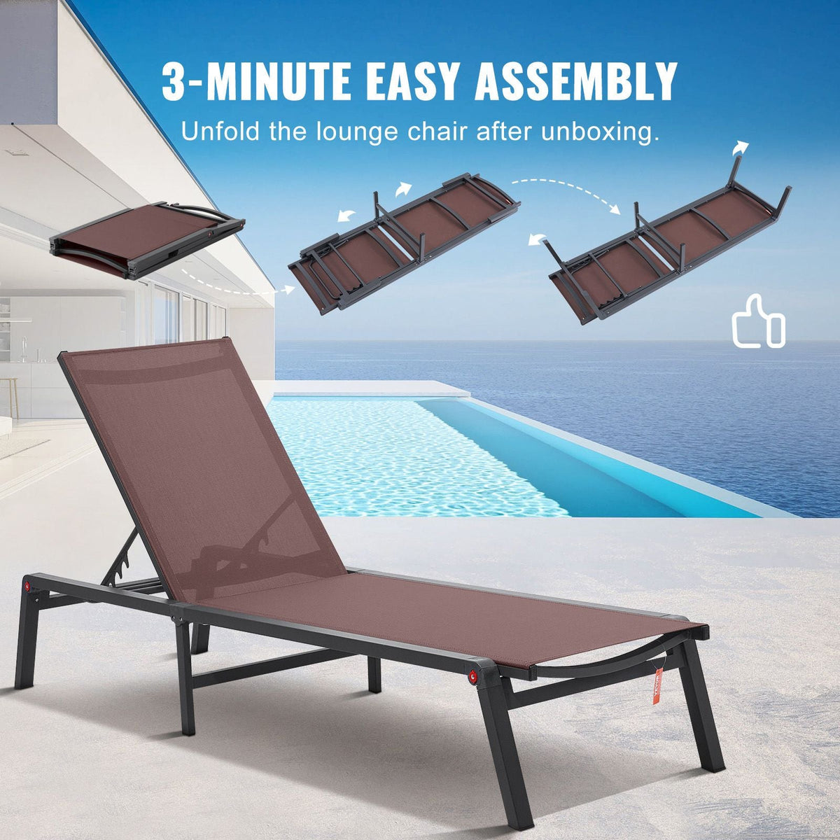 Chaise Lounge Chair Outdoor, Aluminum Patio Lounge Chair with Adjustable 5-Position, Folding Pool Lounge Chair Recliner and Full Flat Tanning Chair for Patio, Beach, Pool, Brown