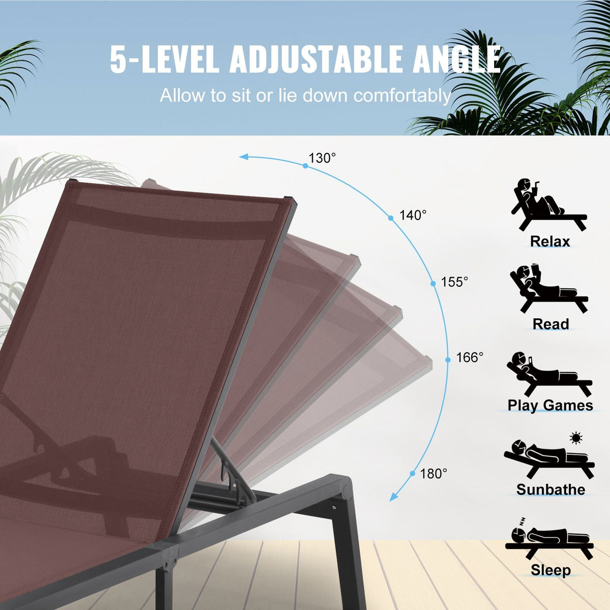 Chaise Lounge Chair Outdoor, Aluminum Patio Lounge Chair with Adjustable 5-Position, Folding Pool Lounge Chair Recliner and Full Flat Tanning Chair for Patio, Beach, Pool, Brown