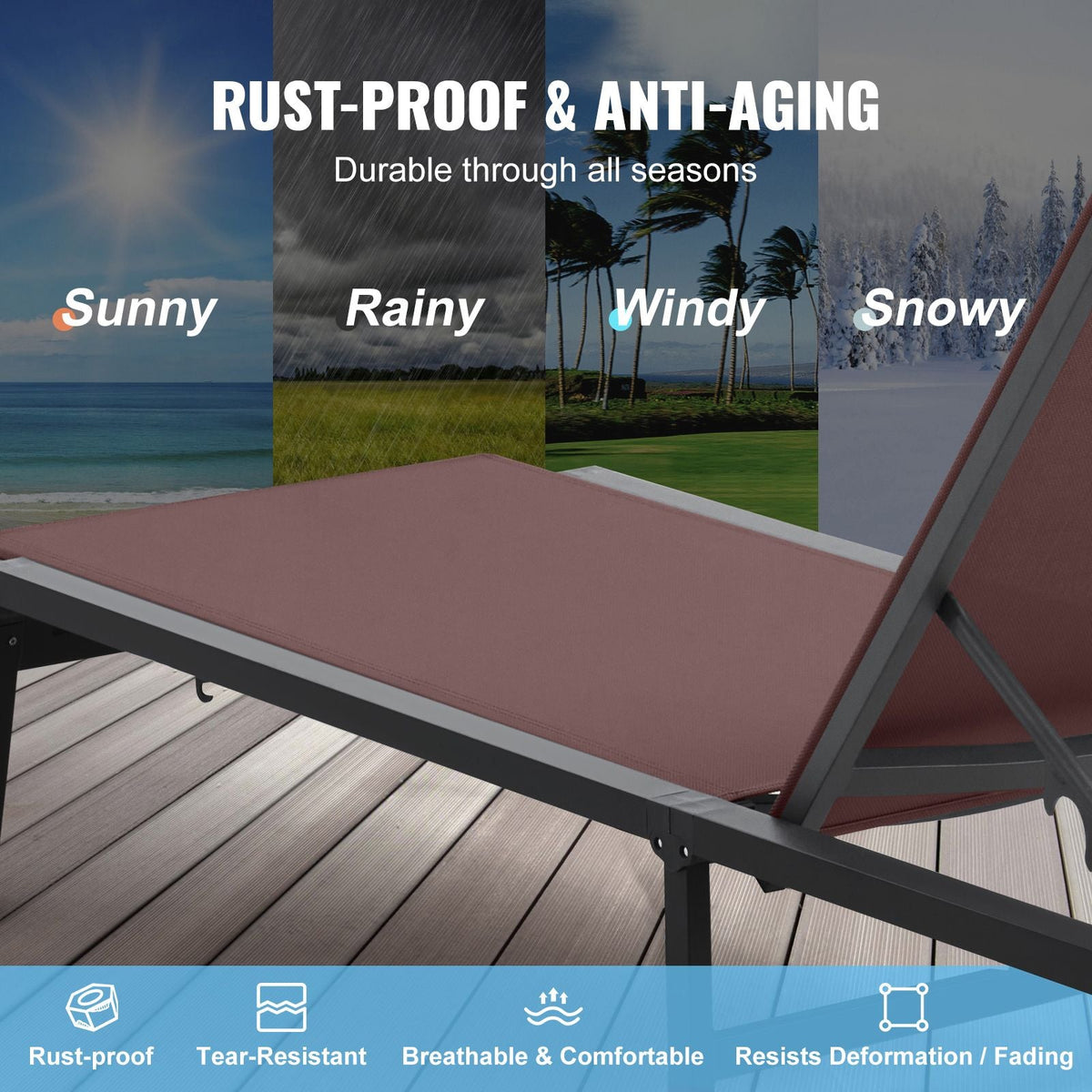 Chaise Lounge Chair Outdoor, Aluminum Patio Lounge Chair with Adjustable 5-Position, Folding Pool Lounge Chair Recliner and Full Flat Tanning Chair for Patio, Beach, Pool, Brown