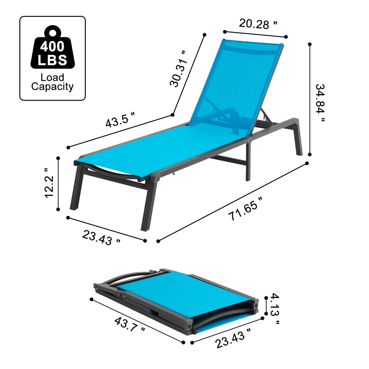 Chaise Lounge Chairs Outdoor, Aluminum Patio Lounge Chairs with Adjustable 5-Position, Folding Pool Lounge Chairs Recliner and Full Flat Tanning Chairs for Patio, Beach, Pool, Blue, 2 pcs