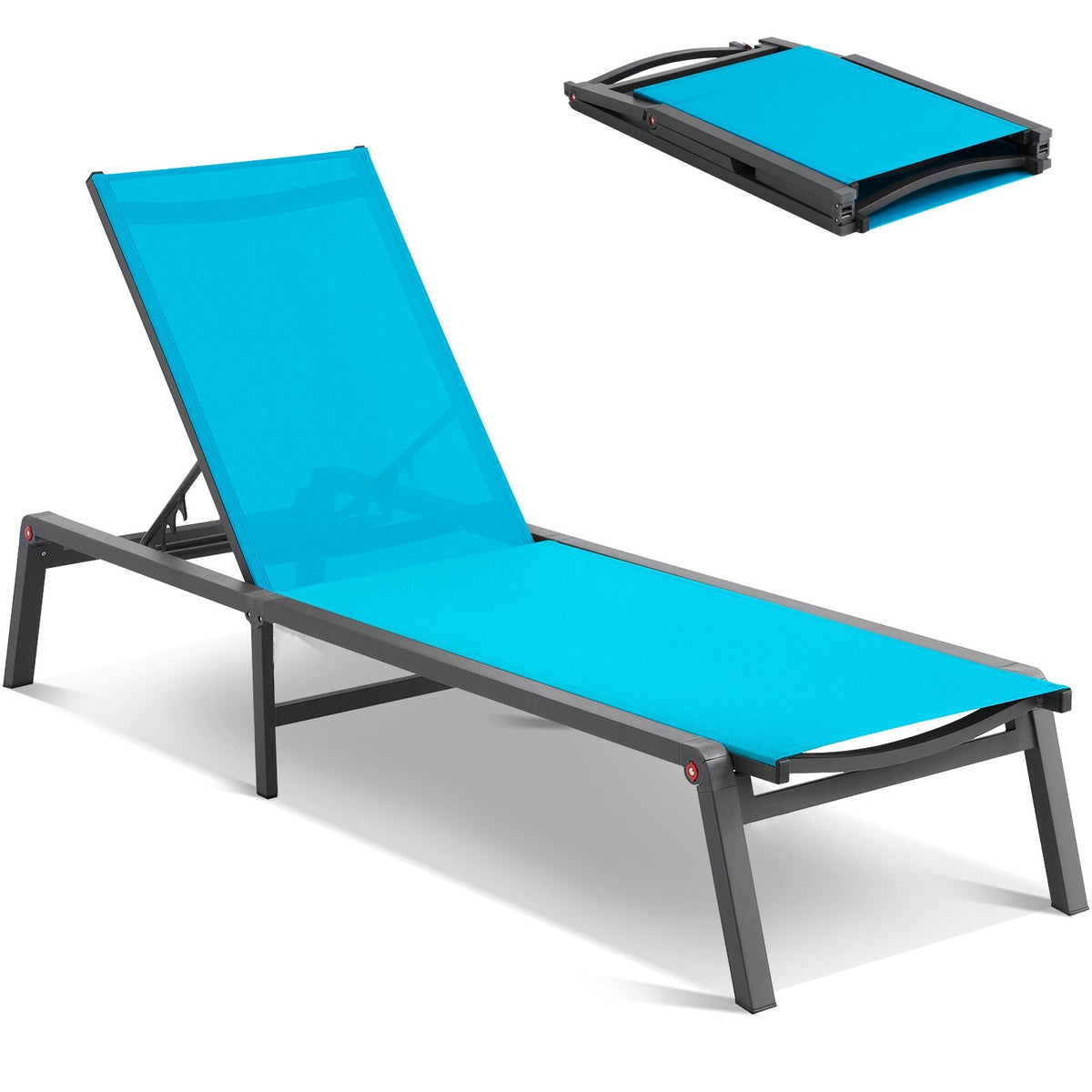 Chaise Lounge Chairs Outdoor, Aluminum Patio Lounge Chairs with Adjustable 5-Position, Folding Pool Lounge Chairs Recliner and Full Flat Tanning Chairs for Patio, Beach, Pool, Blue, 2 pcs