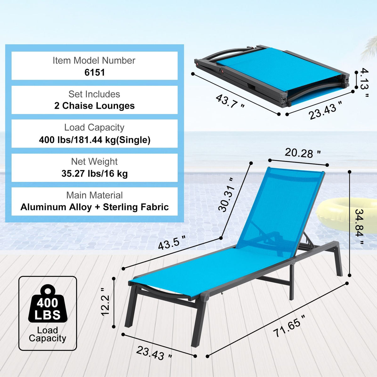 Chaise Lounge Chairs Outdoor, Aluminum Patio Lounge Chairs with Adjustable 5-Position, Folding Pool Lounge Chairs Recliner and Full Flat Tanning Chairs for Patio, Beach, Pool, Blue, 2 pcs