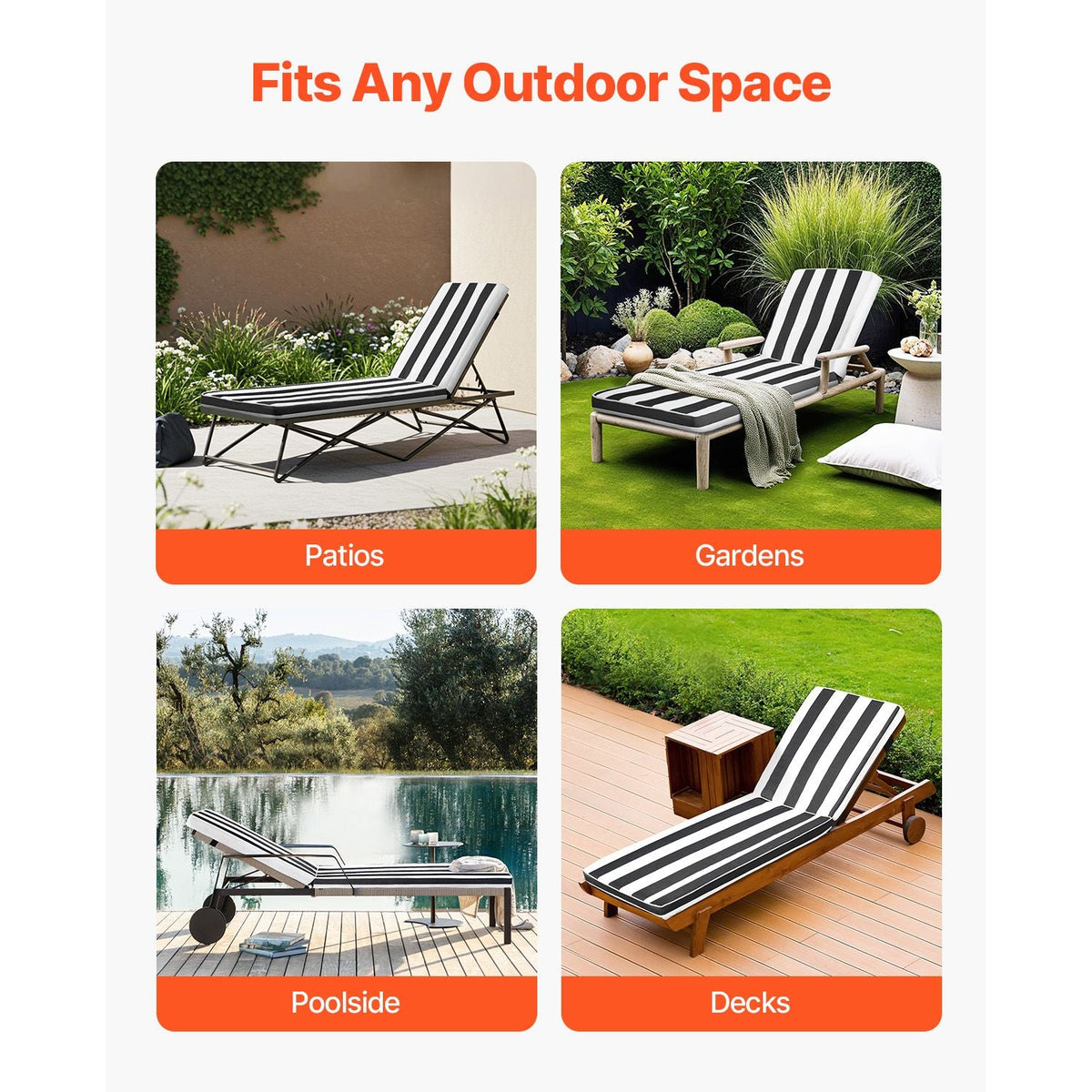 Chaise Lounge Cushion, 74 x 22 x 3 in, Set of 2 Outdoor Lounge Chair Cushions, Waterproof & Fade-Resistant Sun Lounger Cushions with Ties, Patio Lounger Pads for Pool Deck, Black & White Stripes