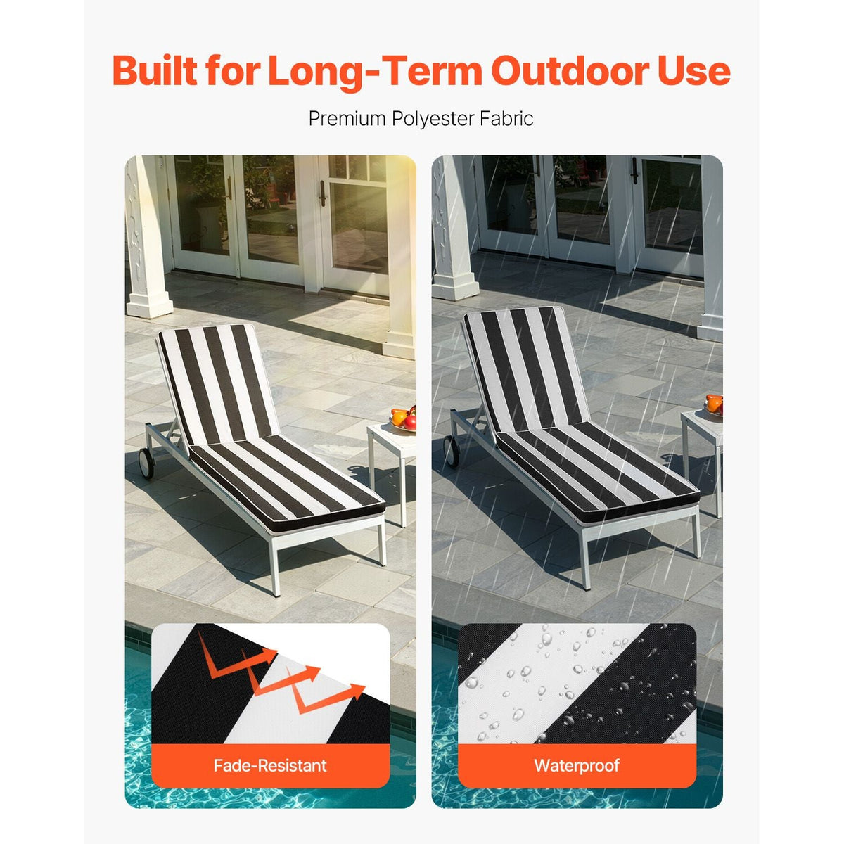 Chaise Lounge Cushion, 74 x 22 x 3 in, Set of 2 Outdoor Lounge Chair Cushions, Waterproof & Fade-Resistant Sun Lounger Cushions with Ties, Patio Lounger Pads for Pool Deck, Black & White Stripes