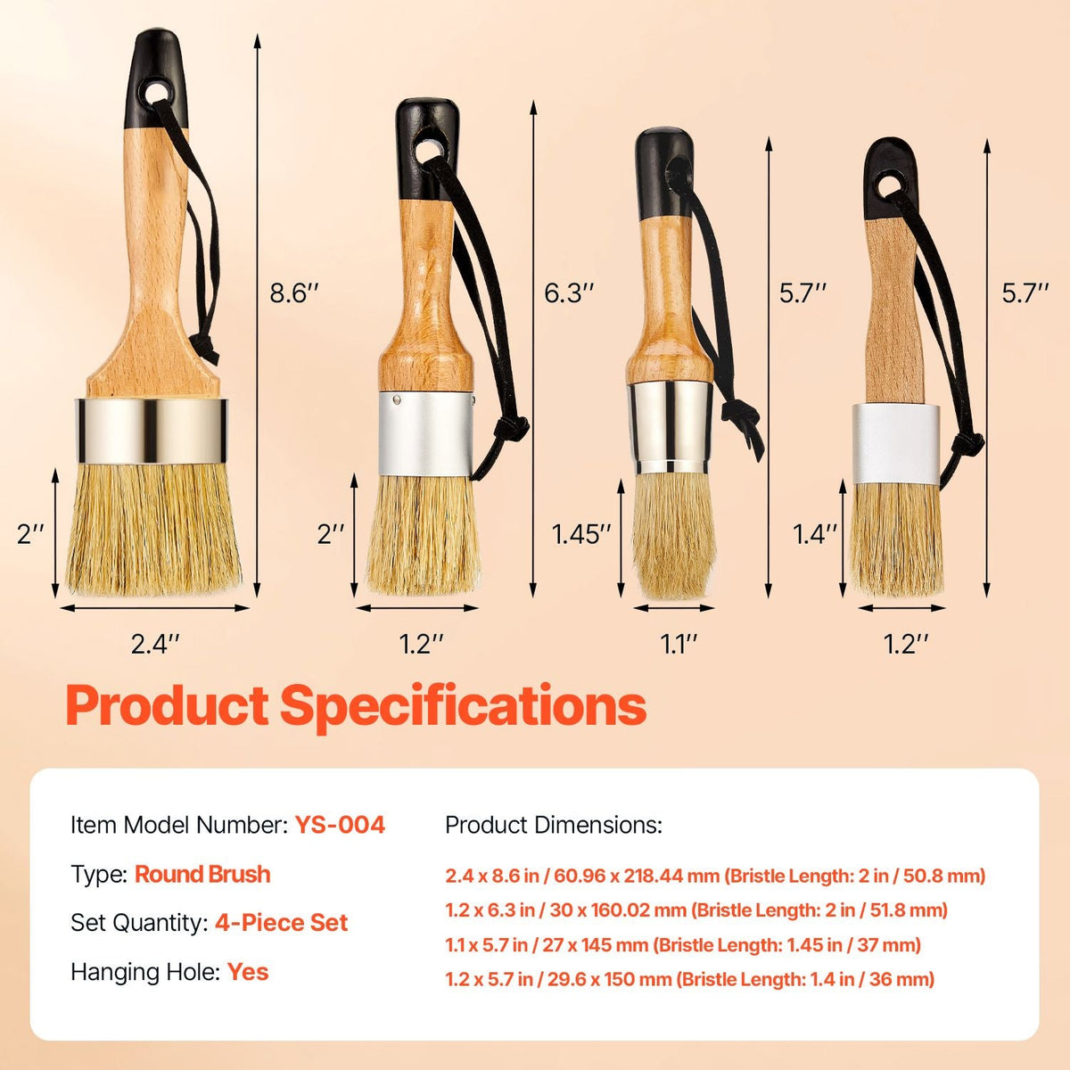 Chalk Wax Paint Brush, 4 Piece Wax Paint Brush, Chalk Paint Brushes for Furniture, Acrylic Paint,Milk Paint,Home Decor, Natural Bristle Round Oval Chalk Paint Brush for All Painting and Waxing