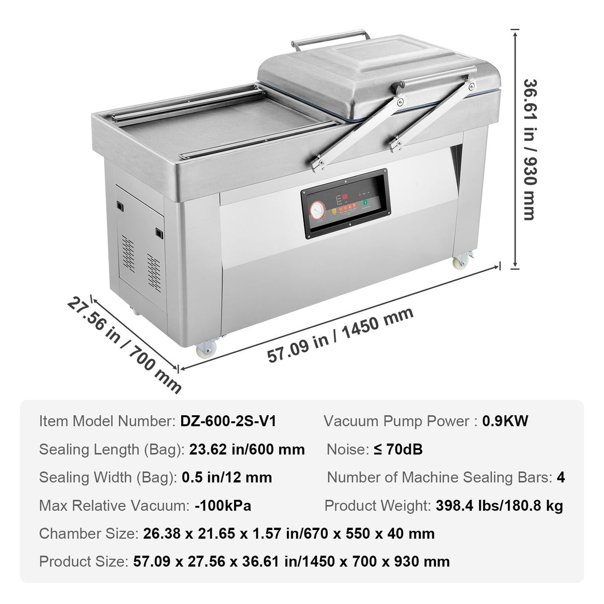 Chamber Vacuum Sealer, 1200W Sealing Power, Vacuum Packing Machine for Wet Foods, Meats, Marinades and More, Compact Size with 23.6 in Sealing Length, Applied in Home Kitchen and Commercial Use