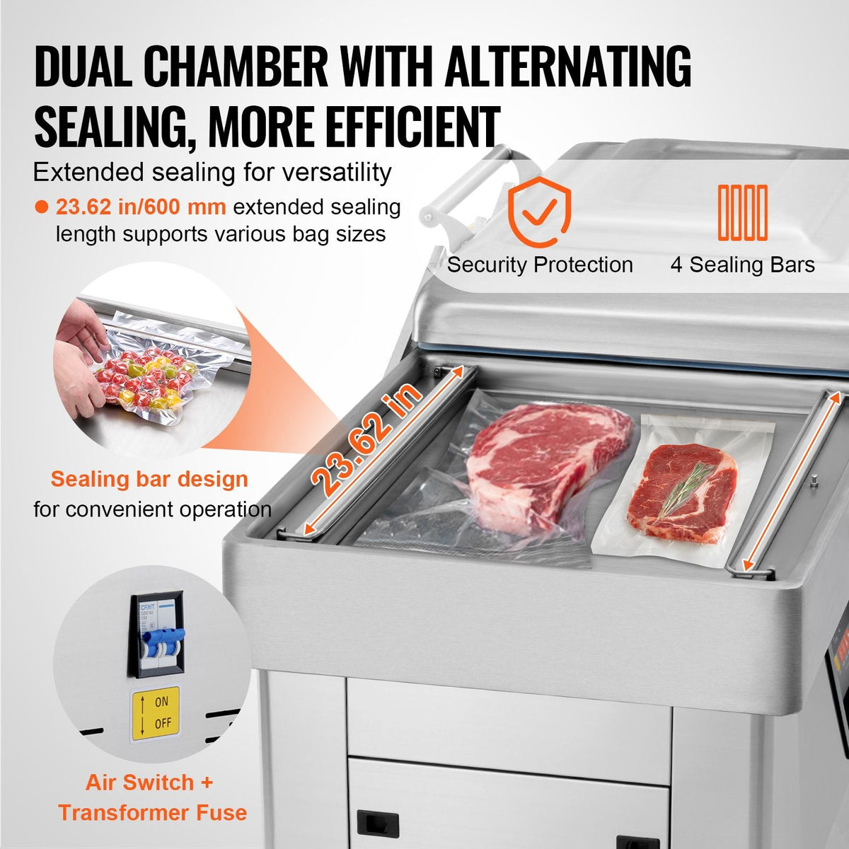 Chamber Vacuum Sealer, 1200W Sealing Power, Vacuum Packing Machine for Wet Foods, Meats, Marinades and More, Compact Size with 23.6 in Sealing Length, Applied in Home Kitchen and Commercial Use