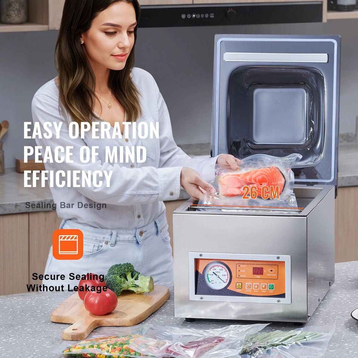 Chamber Vacuum Sealer, 260W Sealing Power, Vacuum Packing Machine for Wet Foods, Meats, Marinades and More, Compact Size with 10.2 in Sealing Length, Applied in Home Kitchen