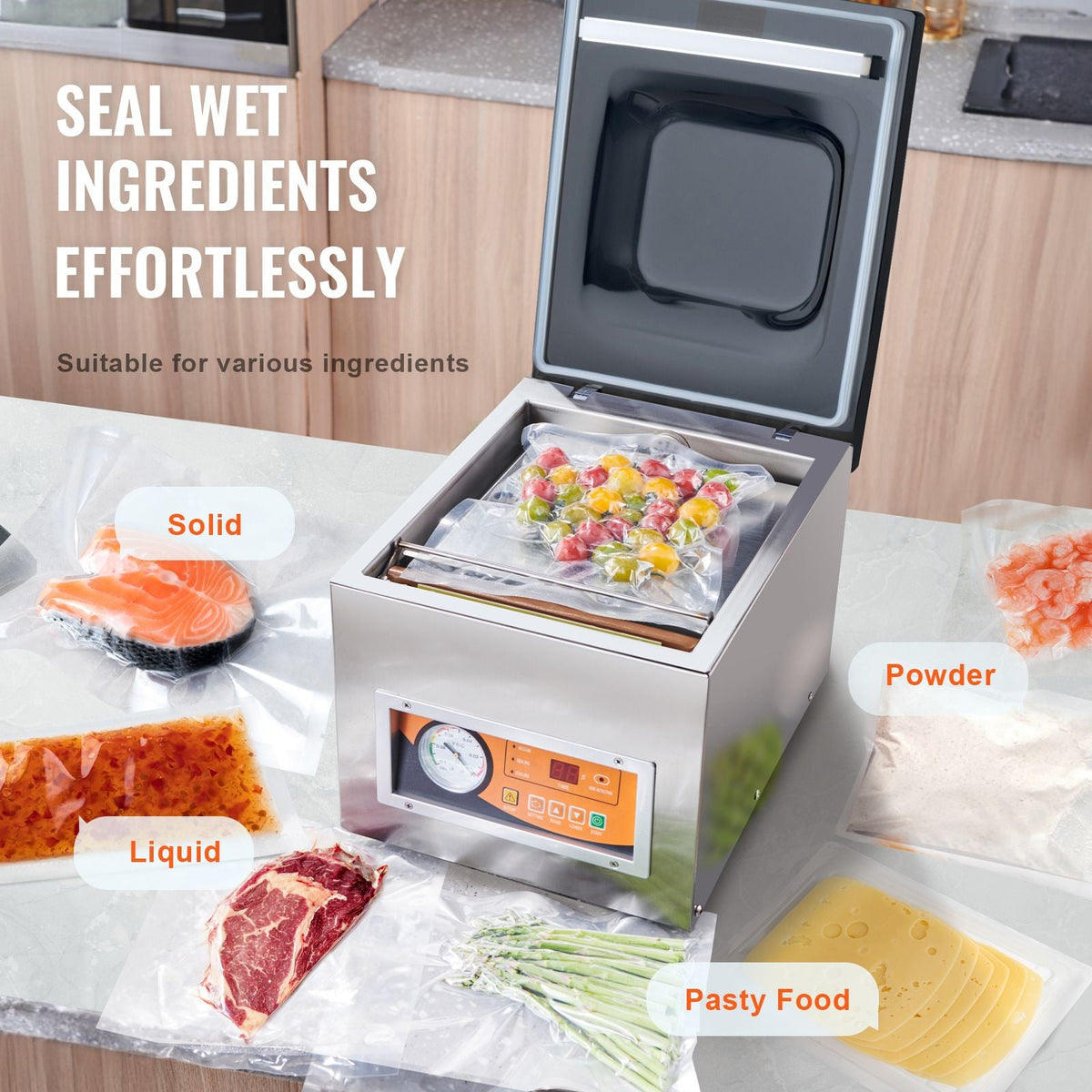 Chamber Vacuum Sealer, 260W Sealing Power, Vacuum Packing Machine for Wet Foods, Meats, Marinades and More, Compact Size with 10.2 in Sealing Length, Applied in Home Kitchen