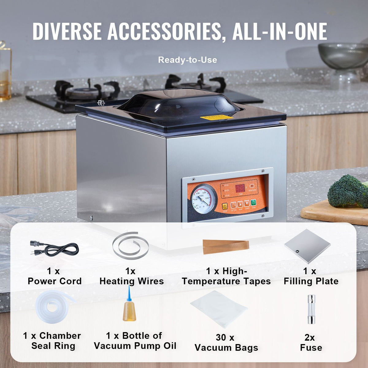 Chamber Vacuum Sealer, 260W Sealing Power, Vacuum Packing Machine for Wet Foods, Meats, Marinades and More, Compact Size with 10.2 in Sealing Length, Applied in Home Kitchen