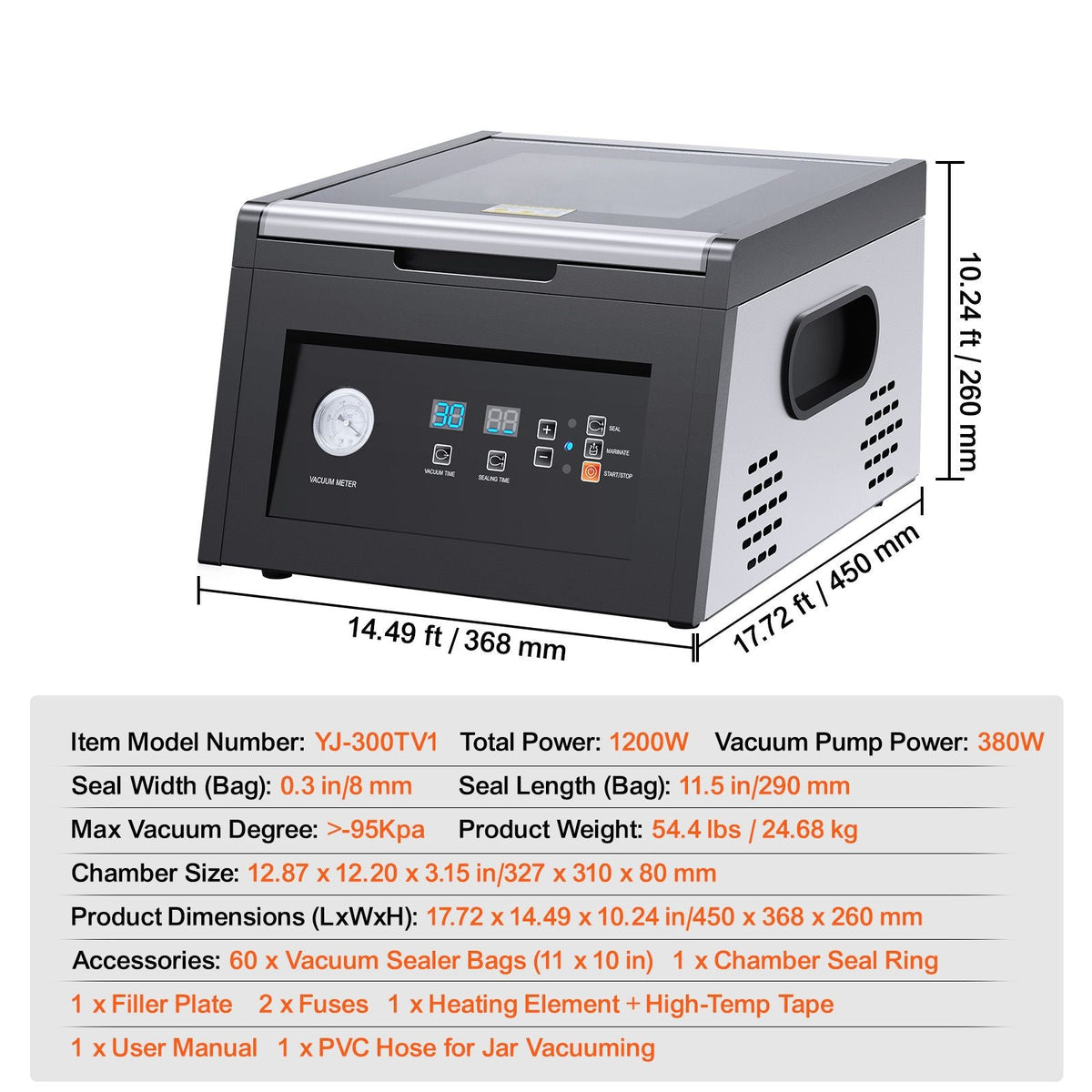 Chamber Vacuum Sealer, 380W Vacuum Pump Power, Sealing Bag Packing Machine for Wet Foods, Meat, Compact Design with 11.5 in Sealing Length, Ideal Commercial Sealer for Professional and Home Use