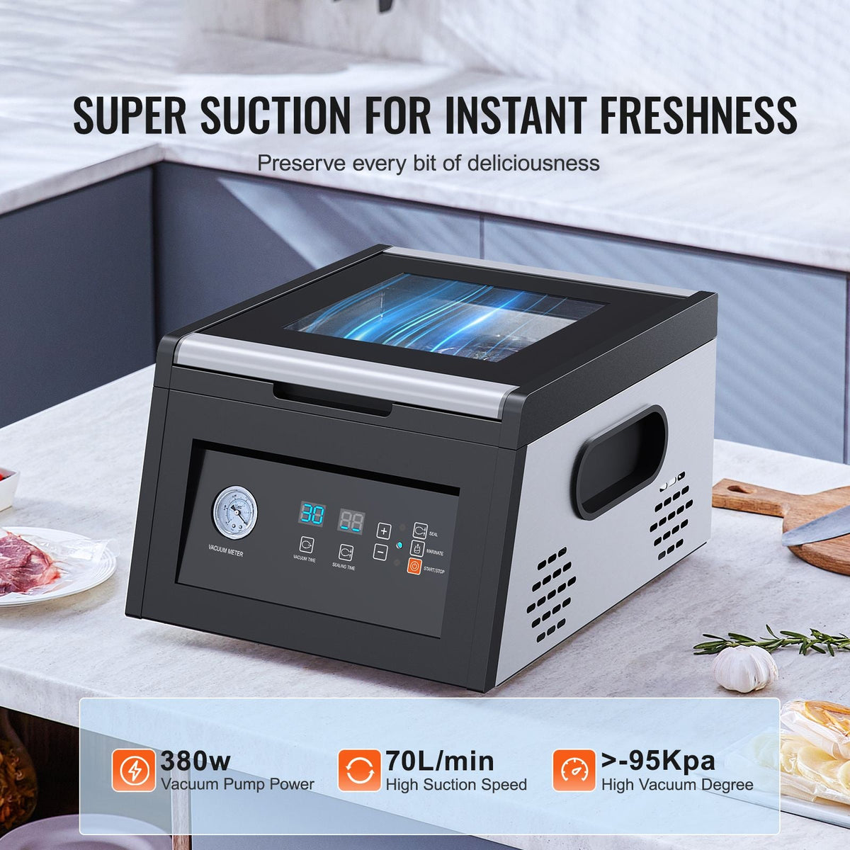 Chamber Vacuum Sealer, 380W Vacuum Pump Power, Vacuum Packing Machine for Wet Foods, Meat, Compact Design with 11.5" Sealing Length, Ideal Commercial Vacuum Sealer for Professional and Home Use