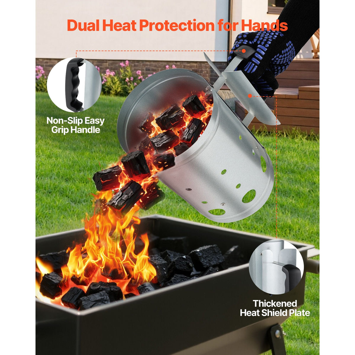 Charcoal Chimney Starter, 4 lbs Large Capacity Coal Fireplace, Heavy Duty BBQ Steel Chimney Starter for Charcoal Grill and Barbecues, Compact On-the-Go Carbon Lighter and BBQ Grill Tool, Silver