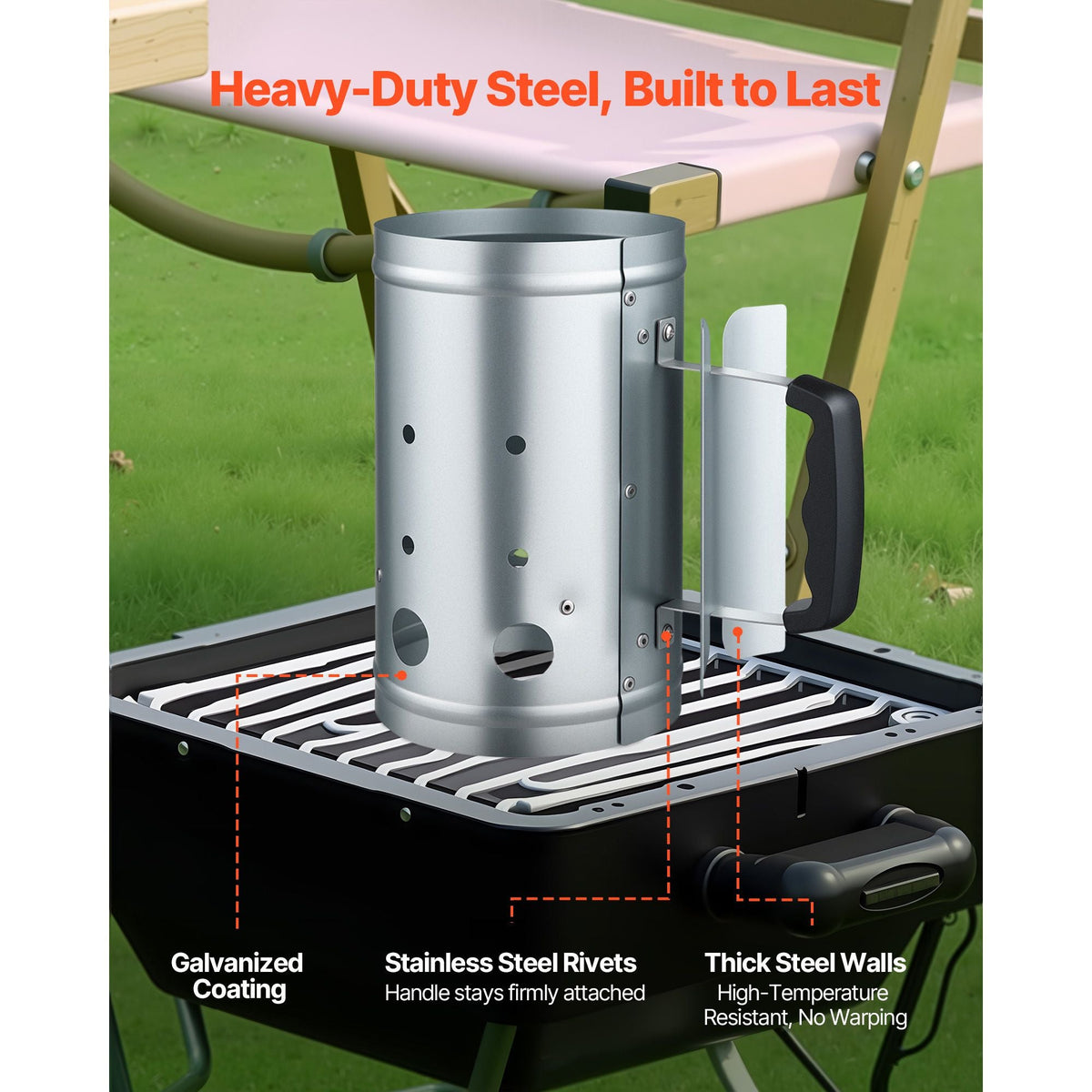 Charcoal Chimney Starter, 4 lbs Large Capacity Coal Fireplace, Heavy Duty BBQ Steel Chimney Starter for Charcoal Grill and Barbecues, Compact On-the-Go Carbon Lighter and BBQ Grill Tool, Silver