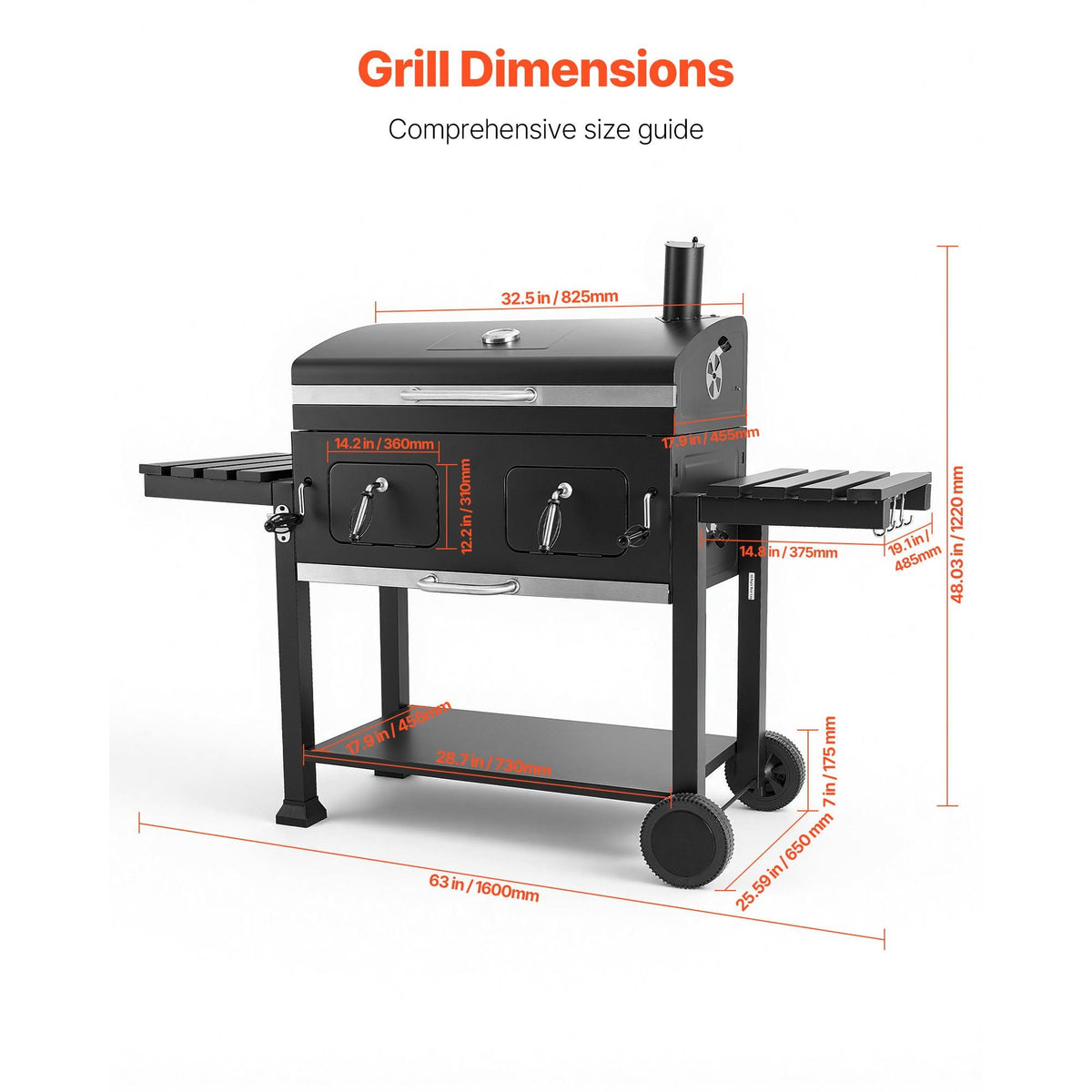 Charcoal Grill, 780 sq.in. Extra-Large Charcoal Barbecue Grill with 2 Liftable Charcoal Trays & Folding Side Tables, High-Temp Powder-Coated Steel BBQ Cooking Grills for Patio Backyard Parties
