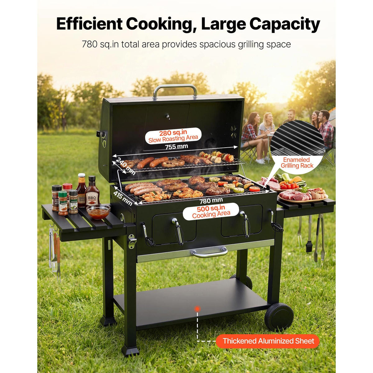 Charcoal Grill, 780 sq.in. Extra-Large Charcoal Barbecue Grill with 2 Liftable Charcoal Trays & Folding Side Tables, High-Temp Powder-Coated Steel BBQ Cooking Grills for Patio Backyard Parties