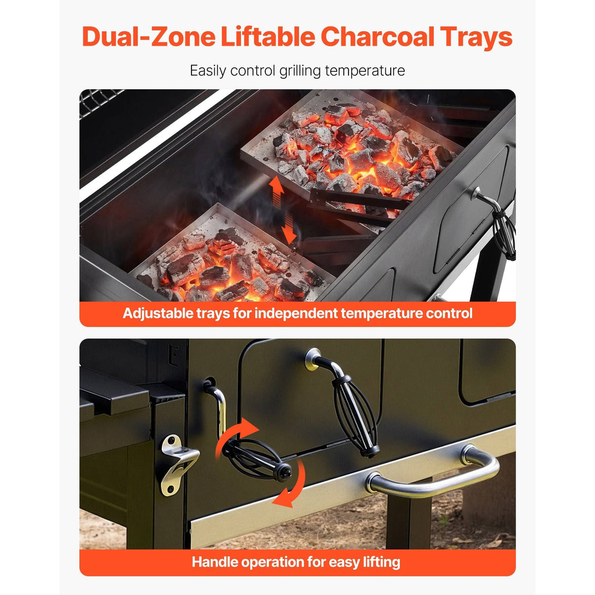 Charcoal Grill, 780 sq.in. Extra-Large Charcoal Barbecue Grill with 2 Liftable Charcoal Trays & Folding Side Tables, High-Temp Powder-Coated Steel BBQ Cooking Grills for Patio Backyard Parties