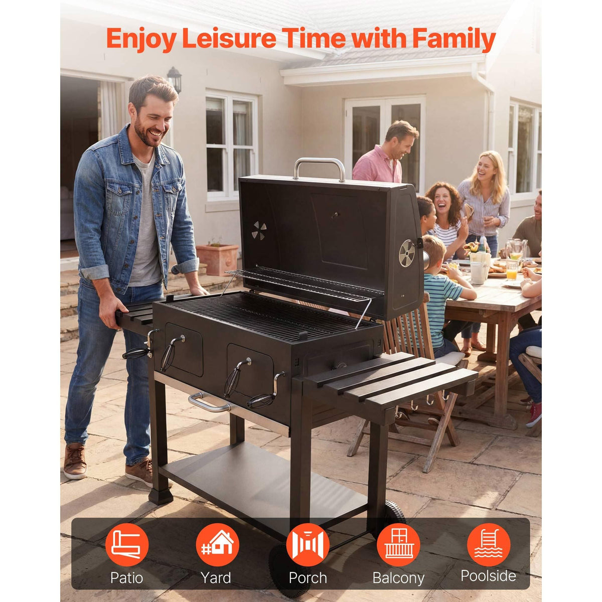 Charcoal Grill, 780 sq.in. Extra-Large Charcoal Barbecue Grill with 2 Liftable Charcoal Trays & Folding Side Tables, High-Temp Powder-Coated Steel BBQ Cooking Grills for Patio Backyard Parties