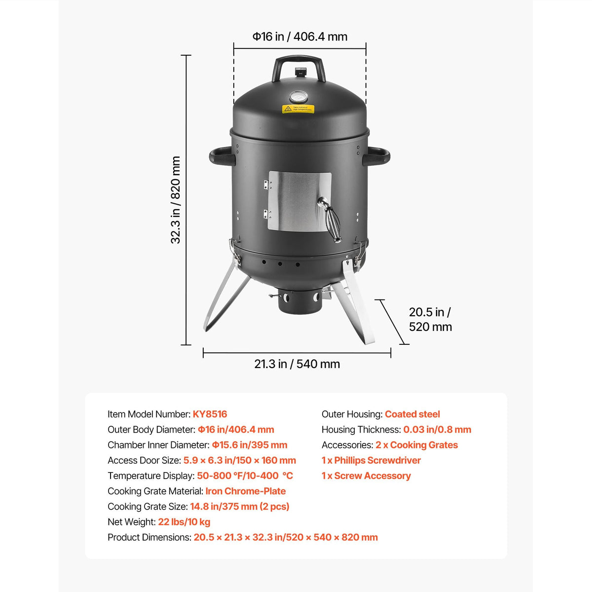 Charcoal Smoker, 16" Vertical Charcoal BBQ Grill, Coated Steel Barbecue Smoker with 2 Grilling Grates, Thermometer, Air Vents & Removable Ash Tray, Ideal for Backyard Patio Parties Cooking