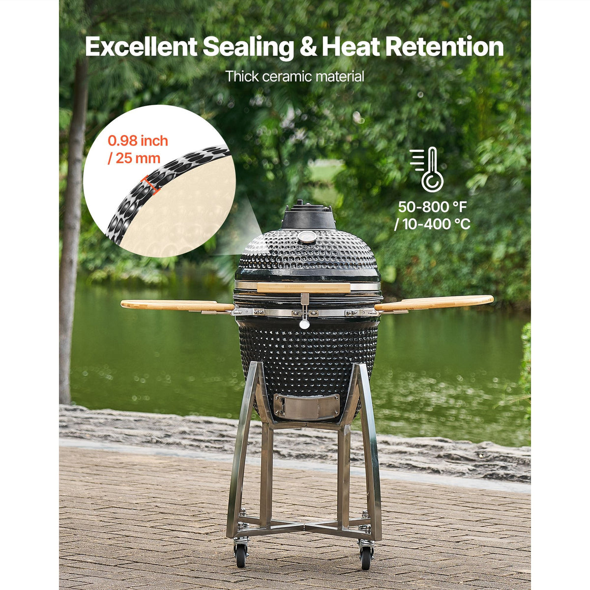 Charcoal Smoker and Grill, 18" Kamado Charcoal BBQ Smoker, Movable Ceramic Barbecue Grill with 4 Wheels (2 Lockable), Built-in Thermometer, Air Vents & Side Shelf for Outdoor Patio Yard Cooking