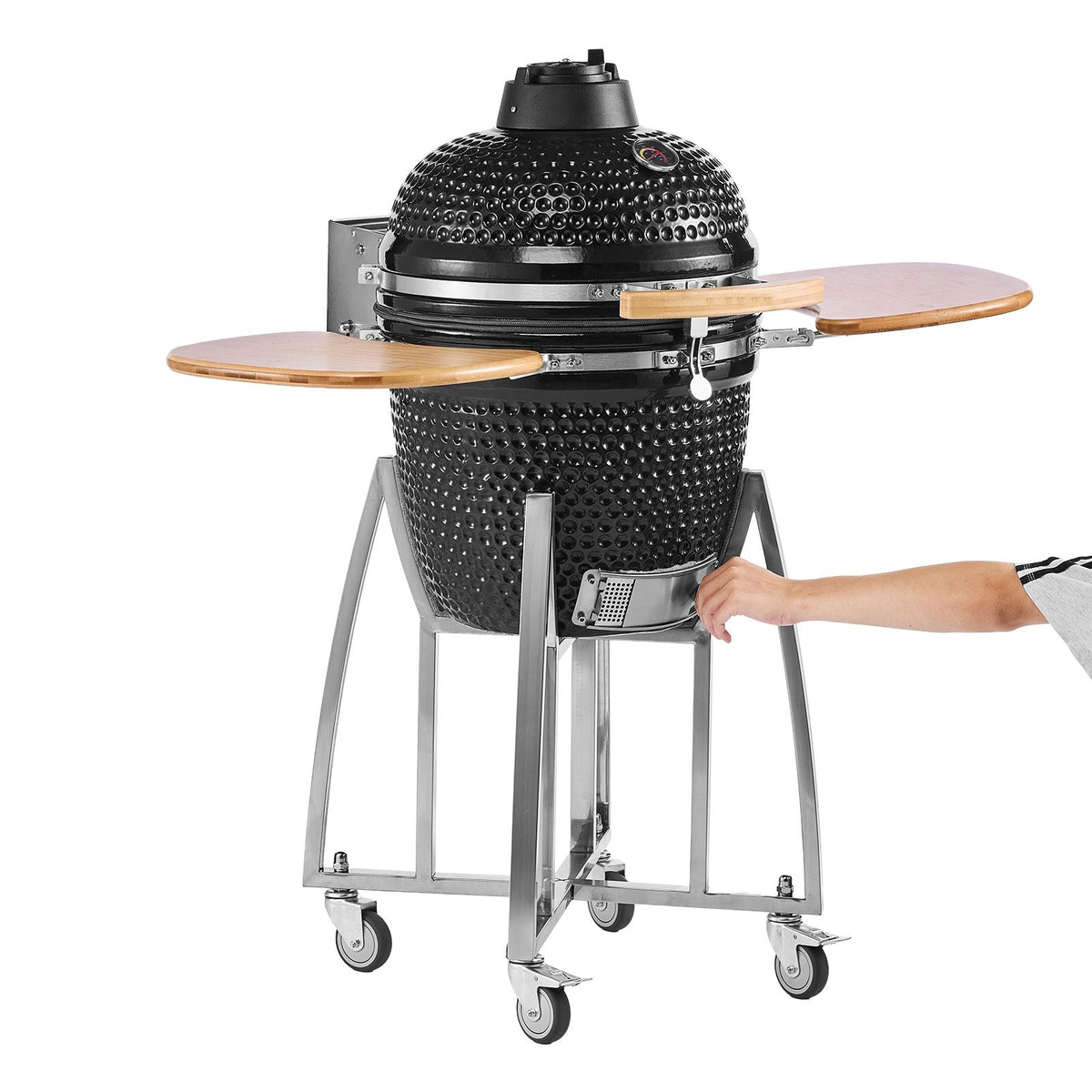 Charcoal Smoker and Grill, 18" Kamado Charcoal BBQ Smoker, Movable Ceramic Barbecue Grill with 4 Wheels (2 Lockable), Built-in Thermometer, Air Vents & Side Shelf for Outdoor Patio Yard Cooking