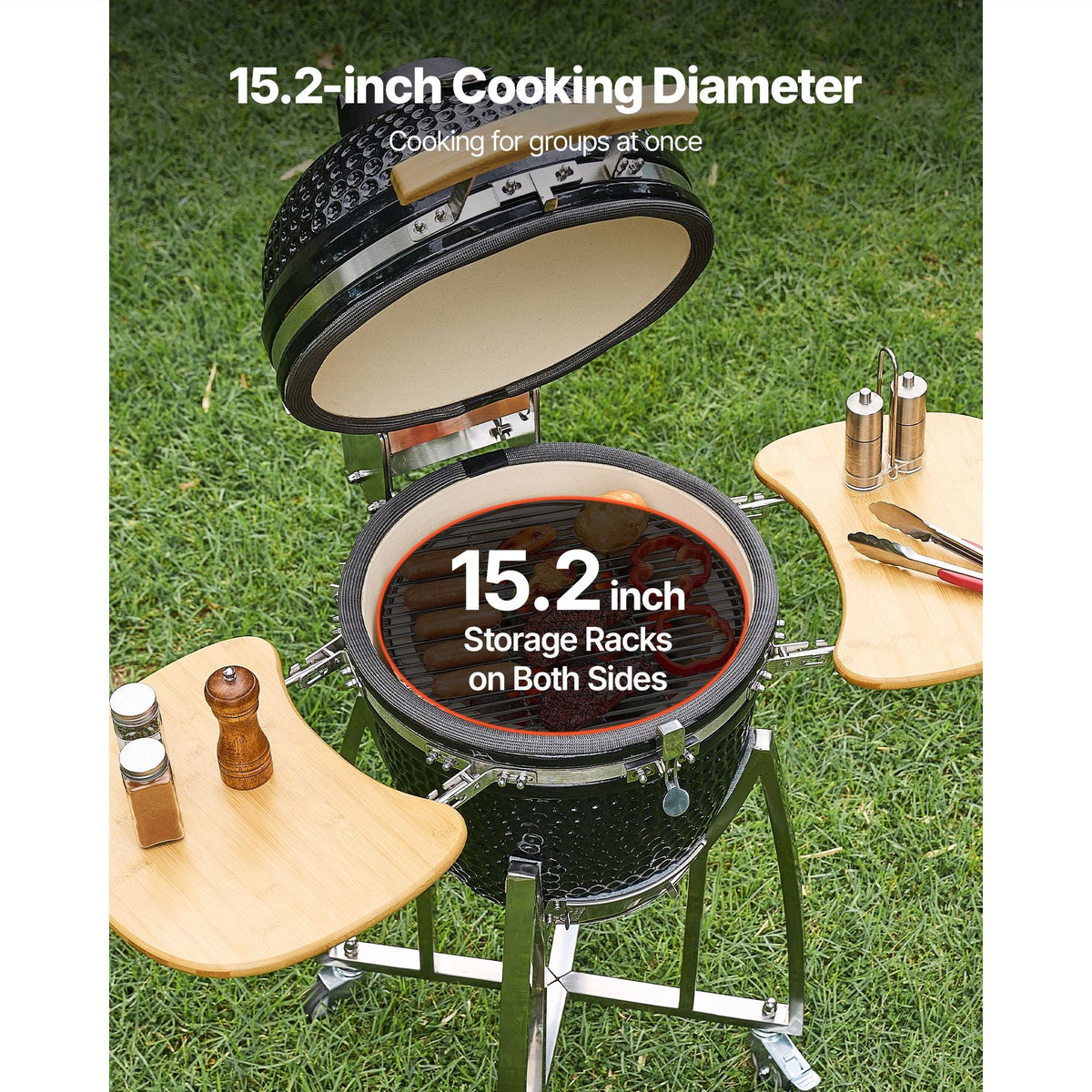 Charcoal Smoker and Grill, 18" Kamado Charcoal BBQ Smoker, Movable Ceramic Barbecue Grill with 4 Wheels (2 Lockable), Built-in Thermometer, Air Vents & Side Shelf for Outdoor Patio Yard Cooking
