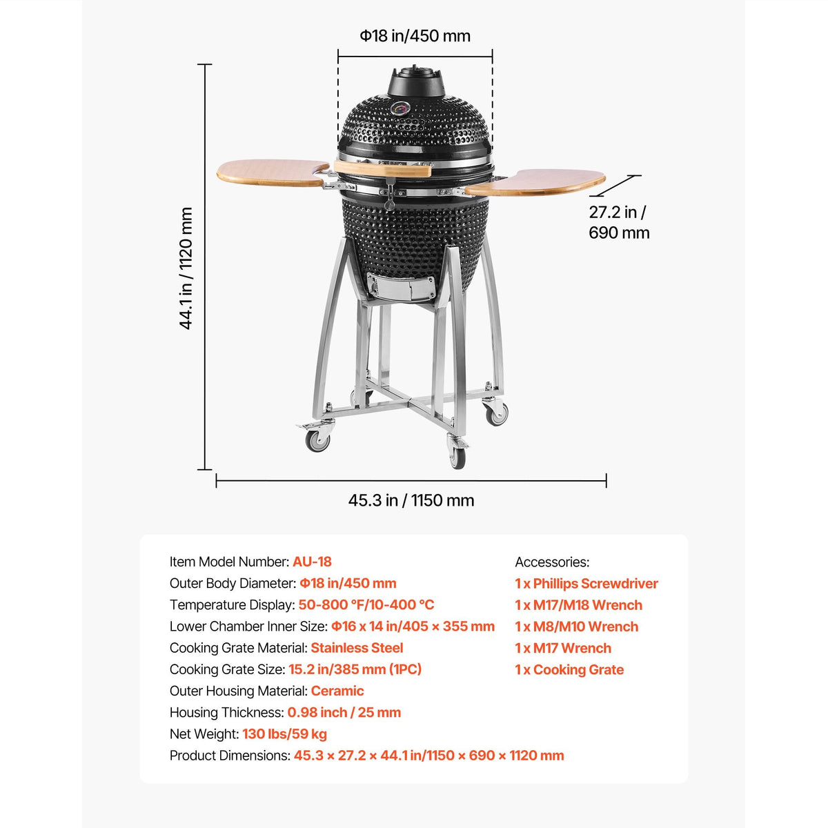 Charcoal Smoker and Grill, 18" Kamado Charcoal BBQ Smoker, Movable Ceramic Barbecue Grill with 4 Wheels (2 Lockable), Built-in Thermometer, Air Vents & Side Shelf for Outdoor Patio Yard Cooking