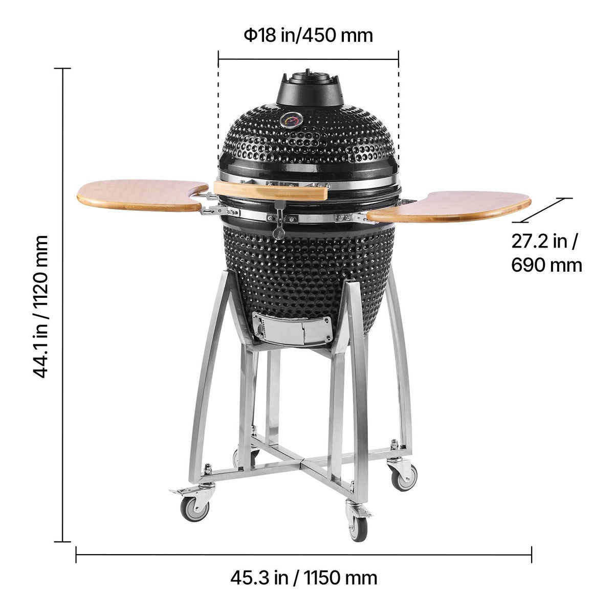 Charcoal Smoker and Grill, 18" Kamado Charcoal BBQ Smoker, Movable Ceramic Barbecue Grill with 4 Wheels (2 Lockable), Built-in Thermometer, Air Vents & Side Shelf for Outdoor Patio Yard Cooking