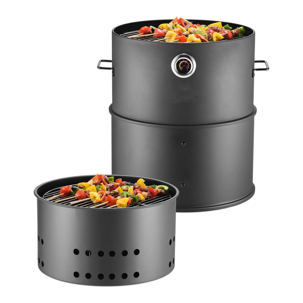 Charcoal Smoker Grill, 18.5" Barrel Charcoal BBQ Smoker, Coated Steel Outdoor Barbecue Grill with 2 Grilling Grates, 1 Hanging Rod, 6 Hooks & Thermometer, Ideal for Party Backyard Patio Cooking