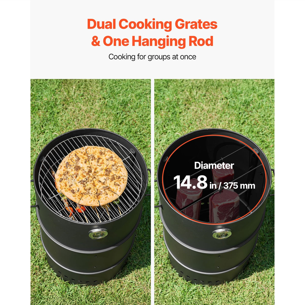Charcoal Smoker Grill, 18.5" Barrel Charcoal BBQ Smoker, Coated Steel Outdoor Barbecue Grill with 2 Grilling Grates, 1 Hanging Rod, 6 Hooks & Thermometer, Ideal for Party Backyard Patio Cooking