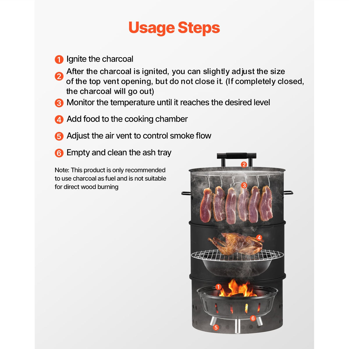 Charcoal Smoker Grill, 18.5" Barrel Charcoal BBQ Smoker, Coated Steel Outdoor Barbecue Grill with 2 Grilling Grates, 1 Hanging Rod, 6 Hooks & Thermometer, Ideal for Party Backyard Patio Cooking